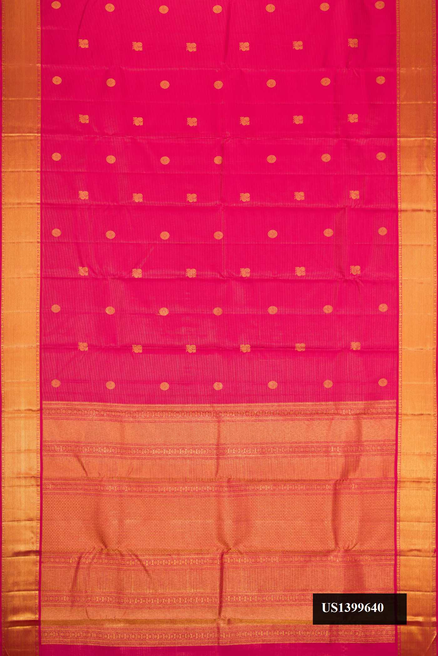 Pink Dual Tone Kanchipuram Silk Saree with Stripes on the body and Zari Border.  displayed on a mannequin
