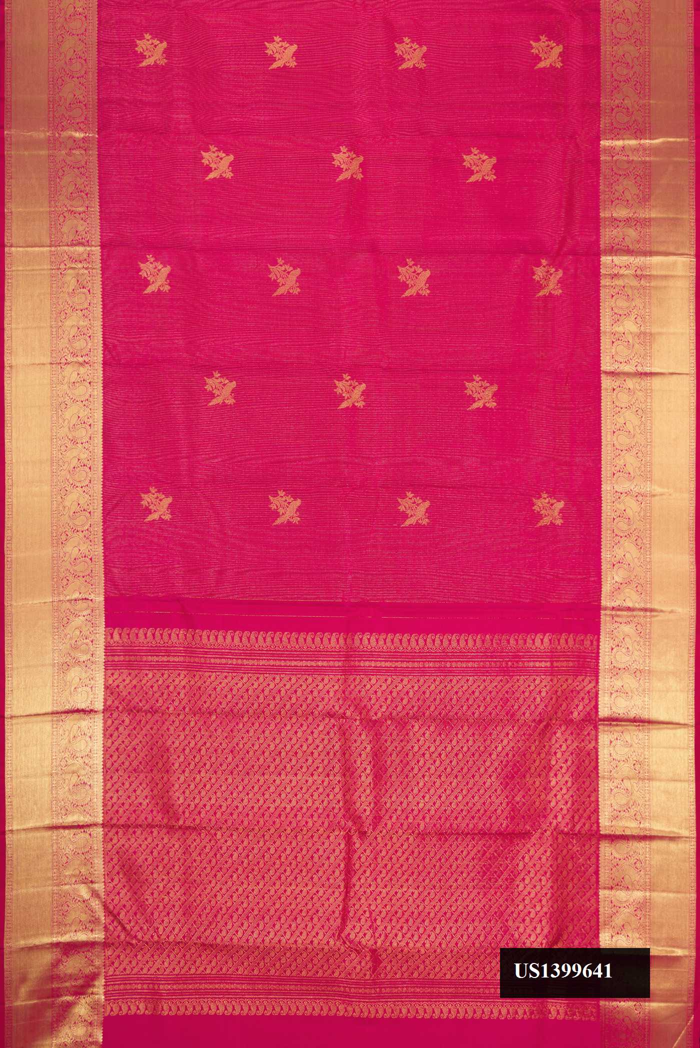 Pink Dual Tone Kanchipuram Silk Saree with Stripes on the body and Zari Border.  displayed on a mannequin