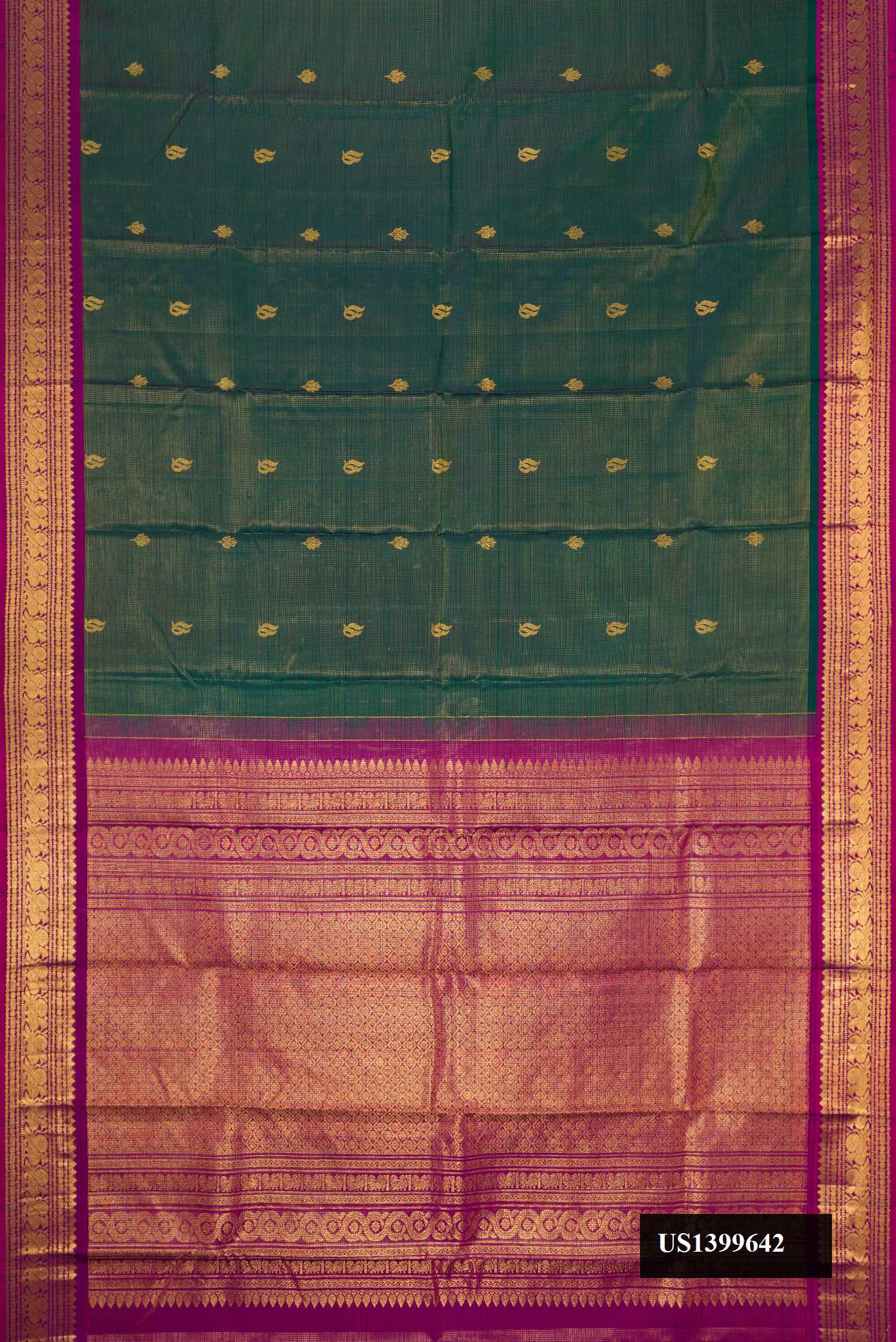 Bottle Green Dual Tone Kanchipuram Silk Saree with Stripes on the body and Zari Border.  displayed on a mannequin