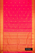 Coral Dual Tone Kanchipuram Silk Saree with Stripes on the body and Zari Border.  displayed on a mannequin