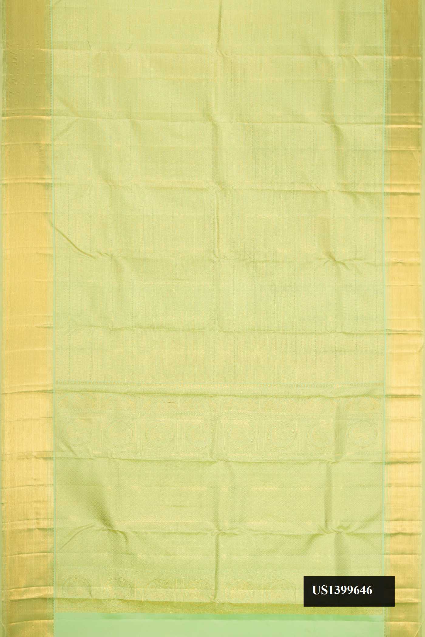 Light Green Dual Tone Kanchipuram Silk Saree with Zari Brocade on the body and Zari Border.  displayed on a mannequin