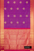 Purple Dual Tone Kanchipuram Silk Saree with Checked design on the body and Zari Border.  displayed on a mannequin