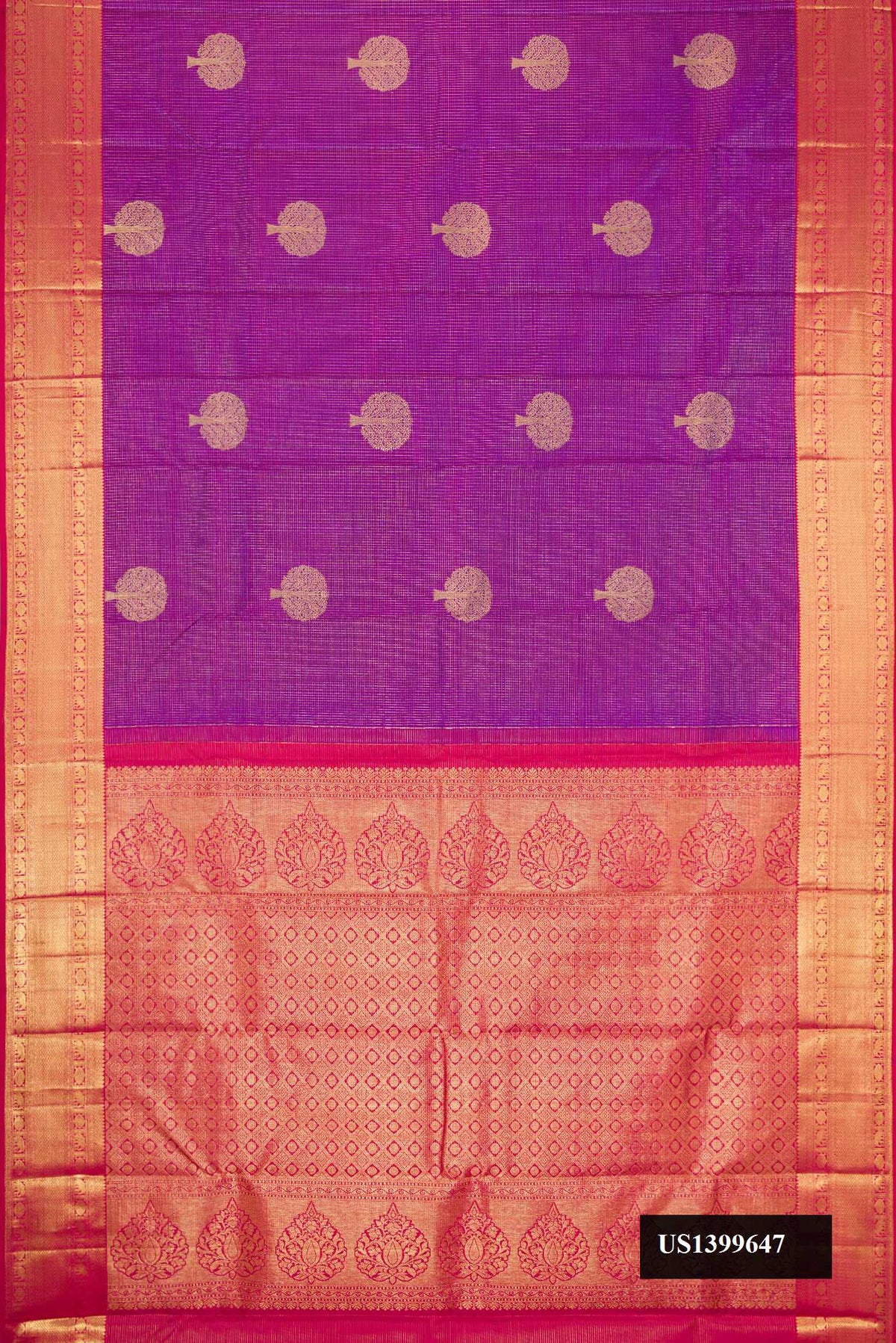 Purple Dual Tone Kanchipuram Silk Saree with Checked design on the body and Zari Border.  displayed on a mannequin