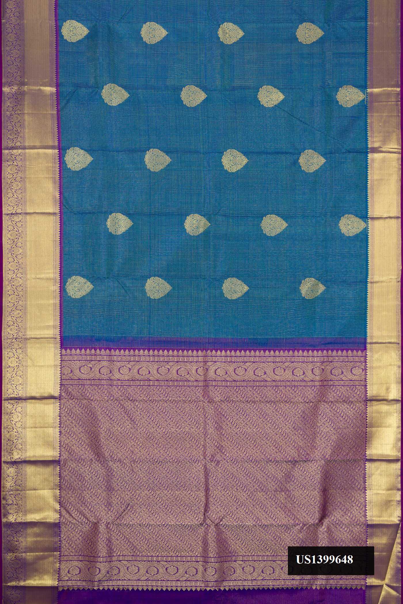 Peacock Blue Dual Tone Kanchipuram Silk Saree with Checked design on the body and Zari Border.  displayed on a mannequin