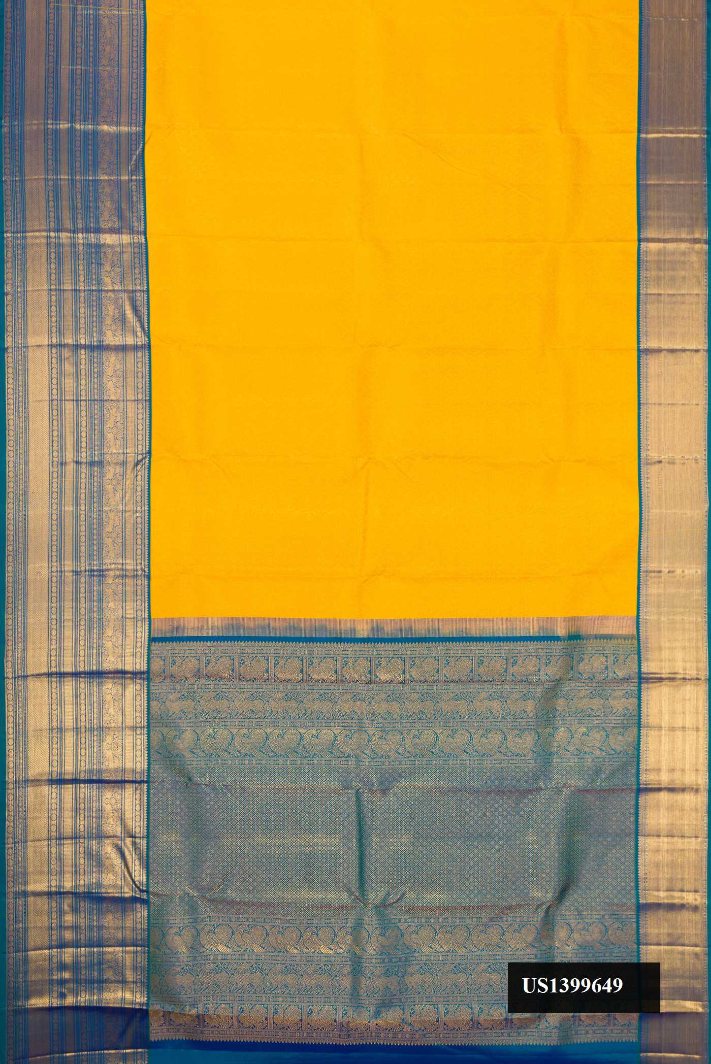 Yellow Dual Tone Kanchipuram Silk Saree with Zari Brocade on the body and Zari Border.  displayed on a mannequin
