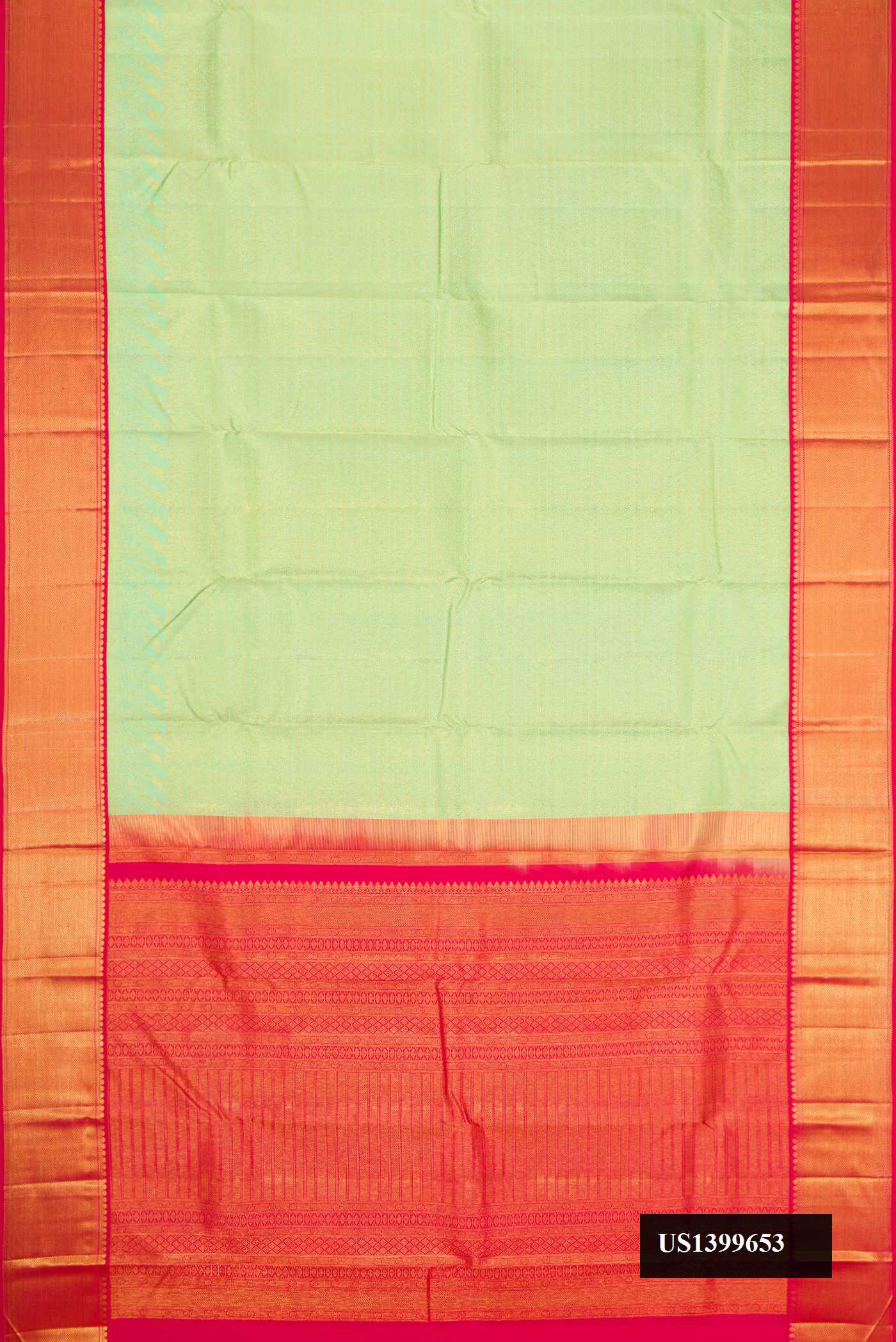 Pista Green Dual Tone Kanchipuram Silk Saree with Zari Brocade on the body and Zari Border.  displayed on a mannequin