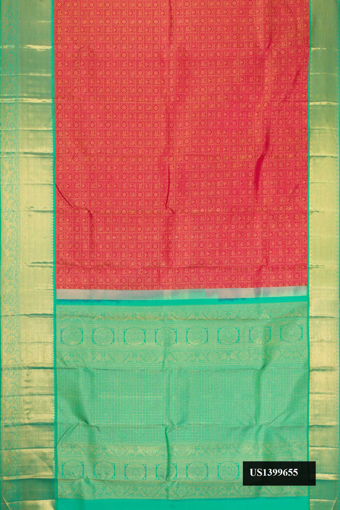 Dark Pink Dual Tone Kanchipuram Silk Saree with Zari Brocade on the body and Zari Border.  displayed on a mannequin