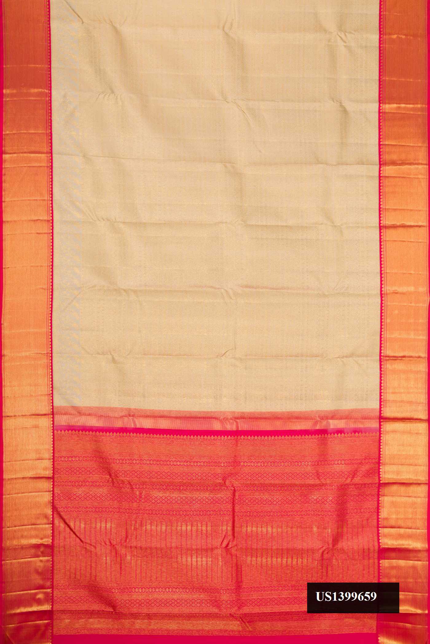 Dark Beige Dual Tone Kanchipuram Silk Saree with Zari Brocade on the body and Zari Border.  displayed on a mannequin
