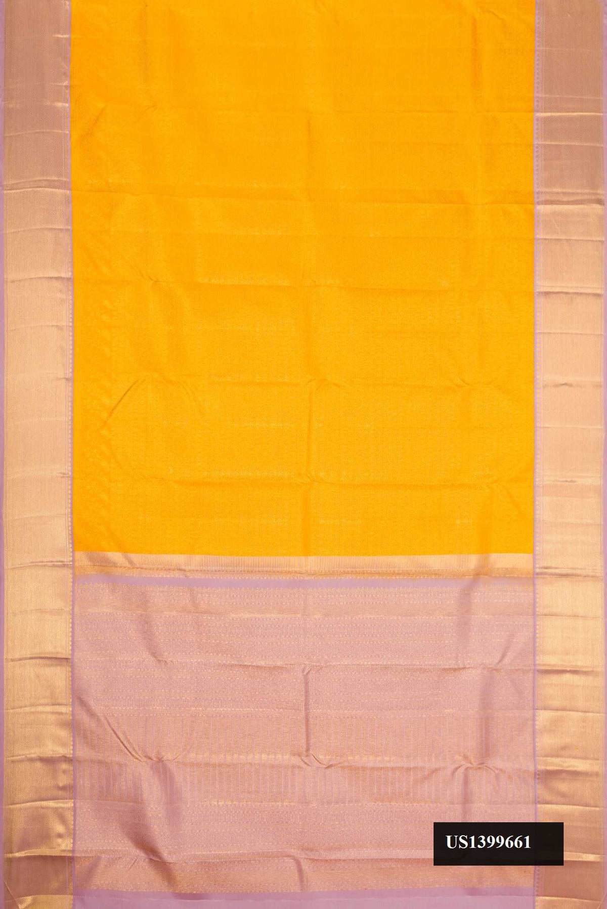 Mustard Dual Tone Kanchipuram Silk Saree with Zari Brocade on the body and Zari Border.  displayed on a mannequin