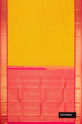 Mustard Dual Tone Kanchipuram Silk Saree with Zari Brocade on the body and Zari Border.  displayed on a mannequin