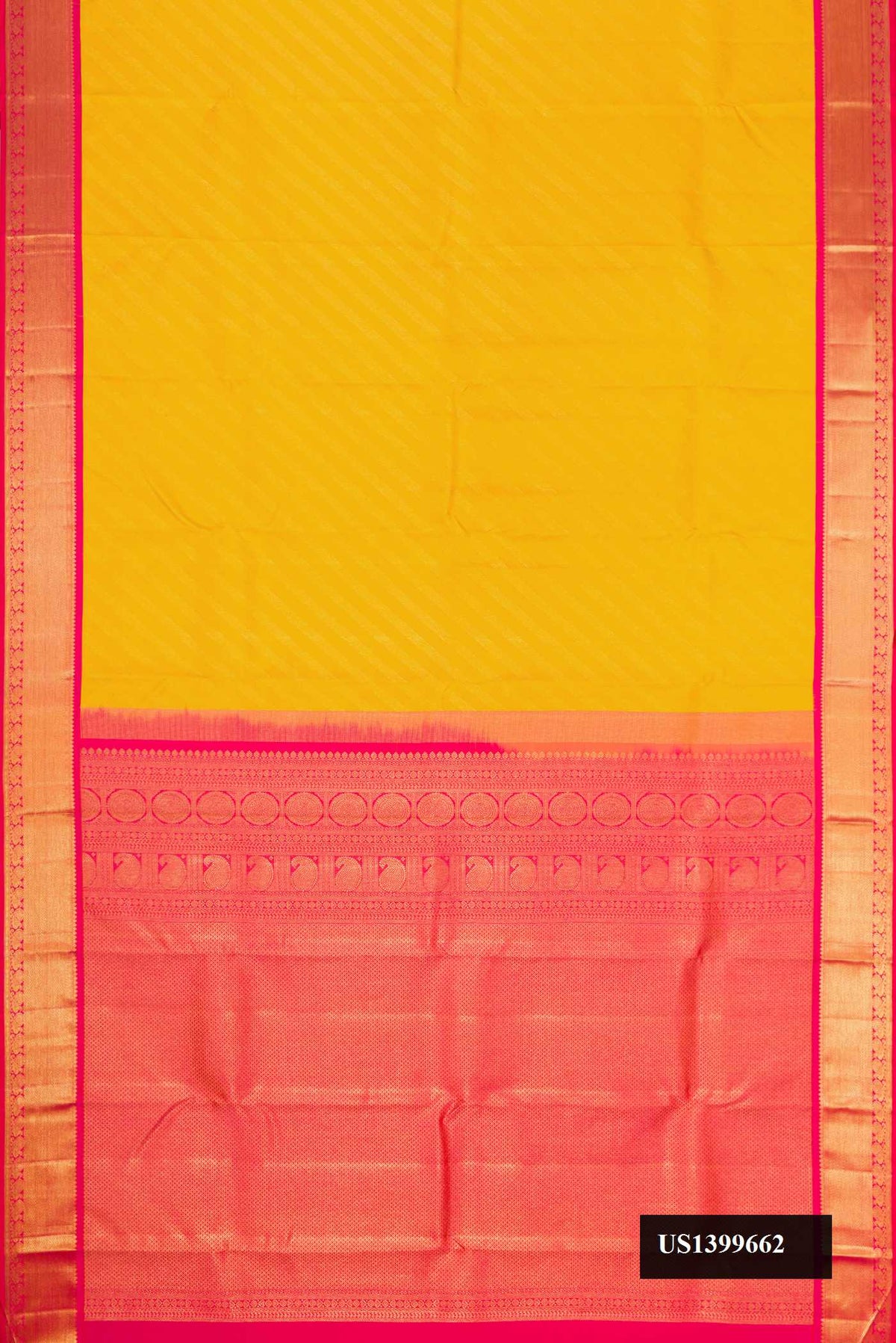 Mustard Dual Tone Kanchipuram Silk Saree with Zari Brocade on the body and Zari Border.  displayed on a mannequin
