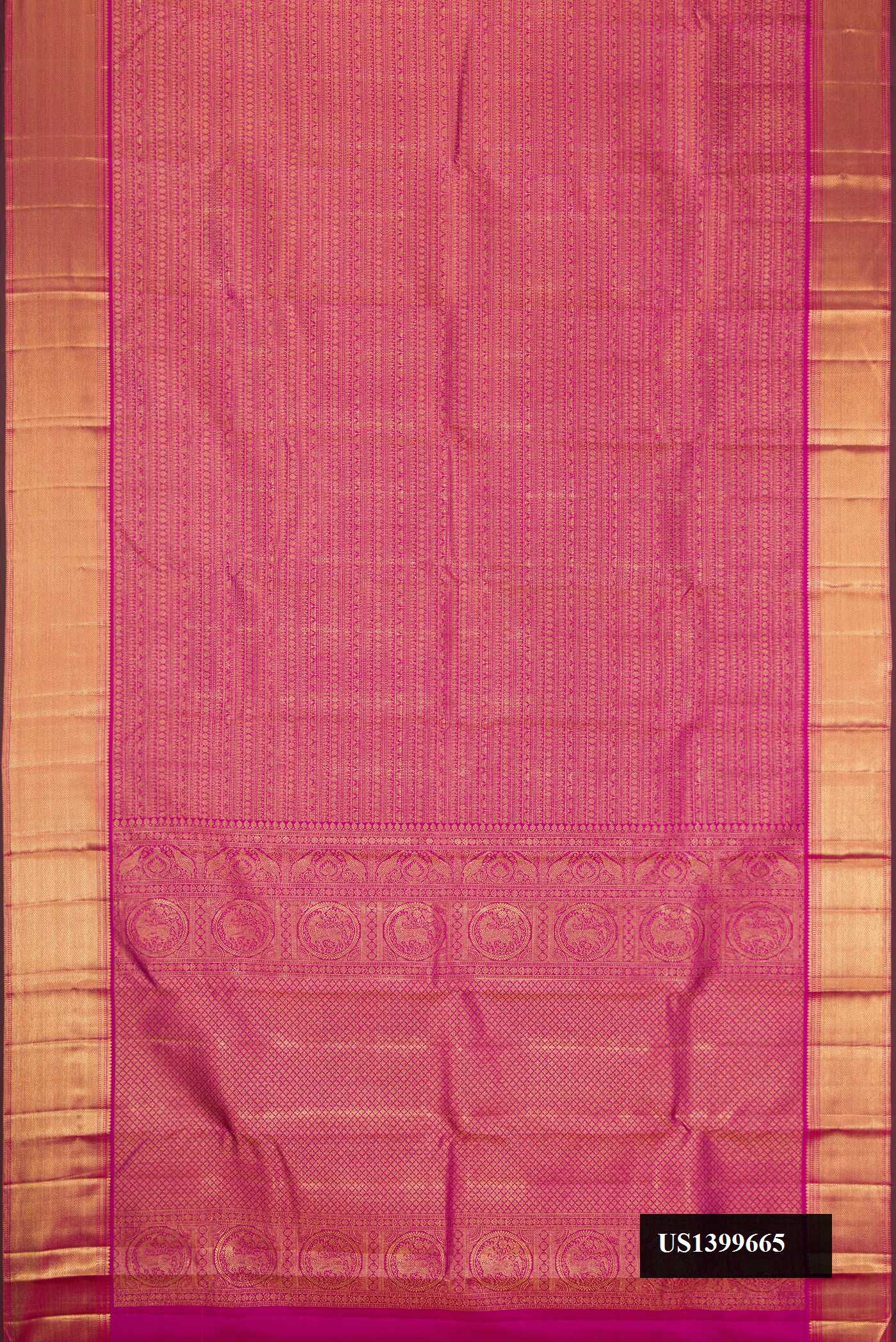 Pink Dual Tone Kanchipuram Silk Saree with Zari Brocade on the body and Zari Border.  displayed on a mannequin