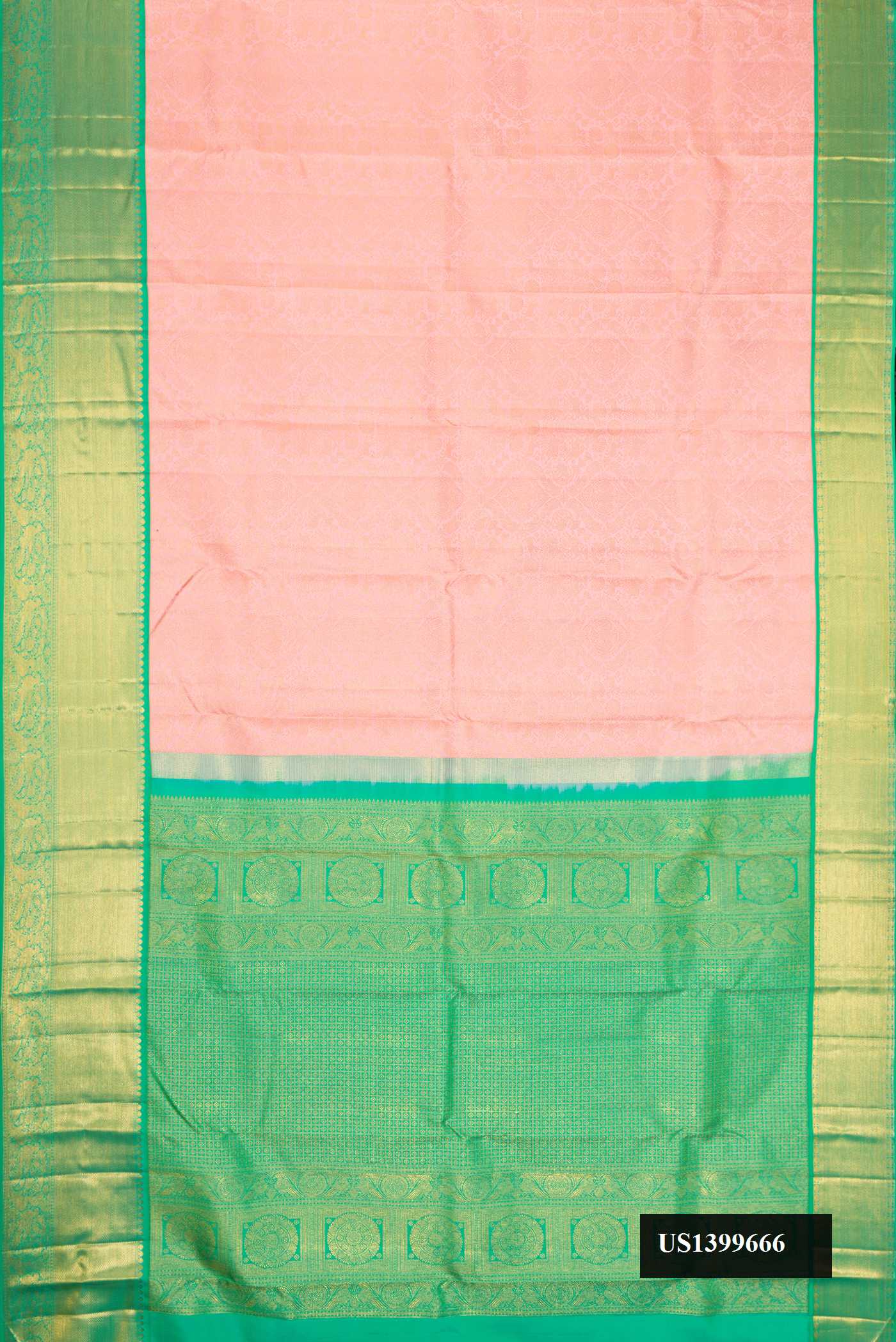 Golden Peach Dual Tone Kanchipuram Silk Saree with Zari Brocade on the body and Zari Border.  displayed on a mannequin