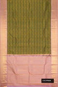 Bottle Green Dual Tone Kanchipuram Silk Saree with Zari Brocade on the body and Zari Border.  displayed on a mannequin