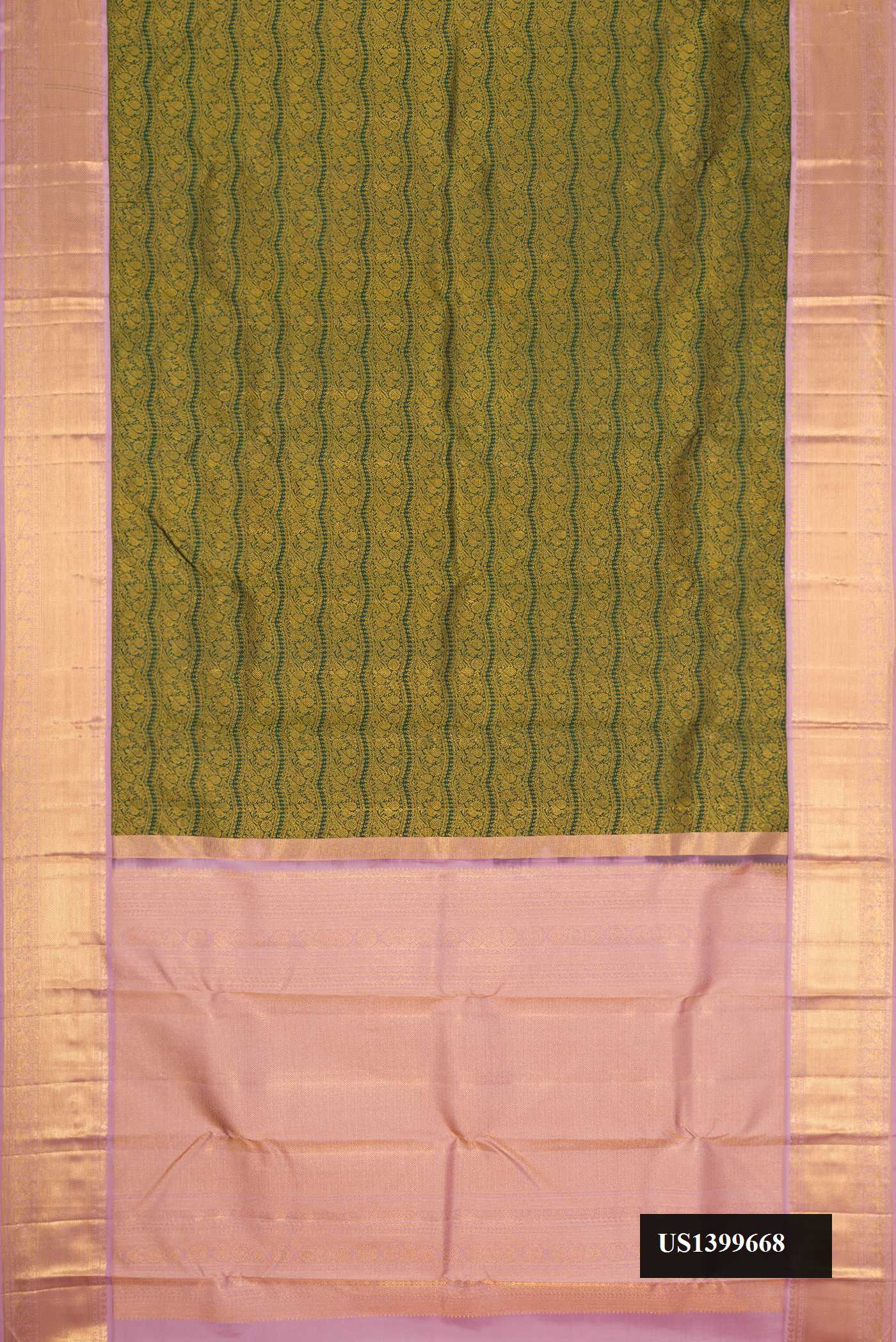 Bottle Green Dual Tone Kanchipuram Silk Saree with Zari Brocade on the body and Zari Border.  displayed on a mannequin
