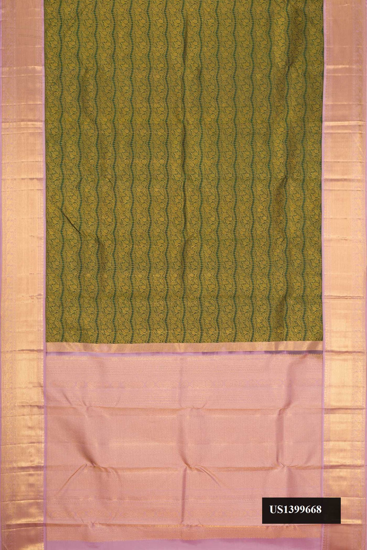 Bottle Green Dual Tone Kanchipuram Silk Saree with Zari Brocade on the body and Zari Border.  displayed on a mannequin