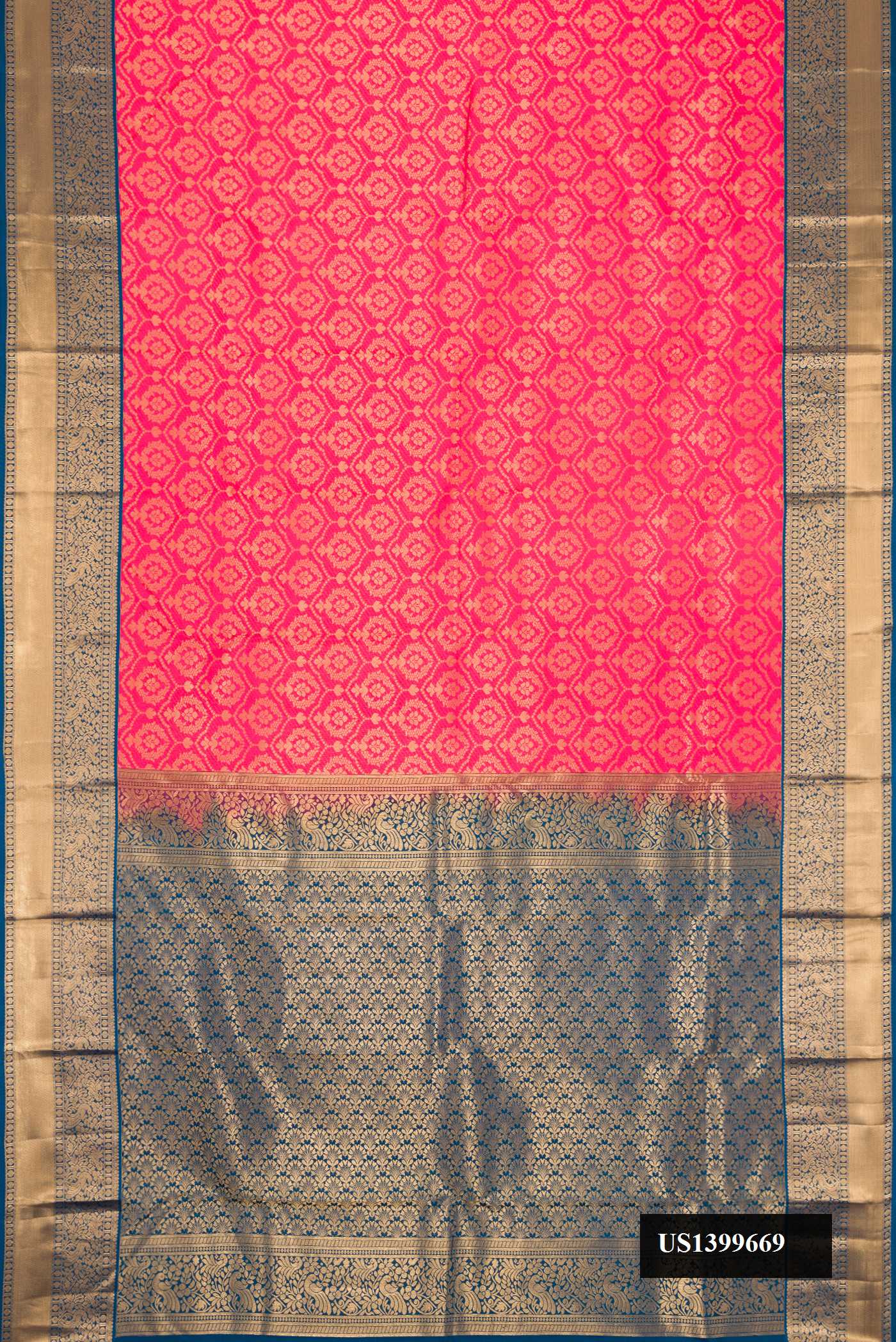 Pink Dual Tone Kanchipuram Silk Saree with Zari Brocade on the body and Zari Border.  displayed on a mannequin