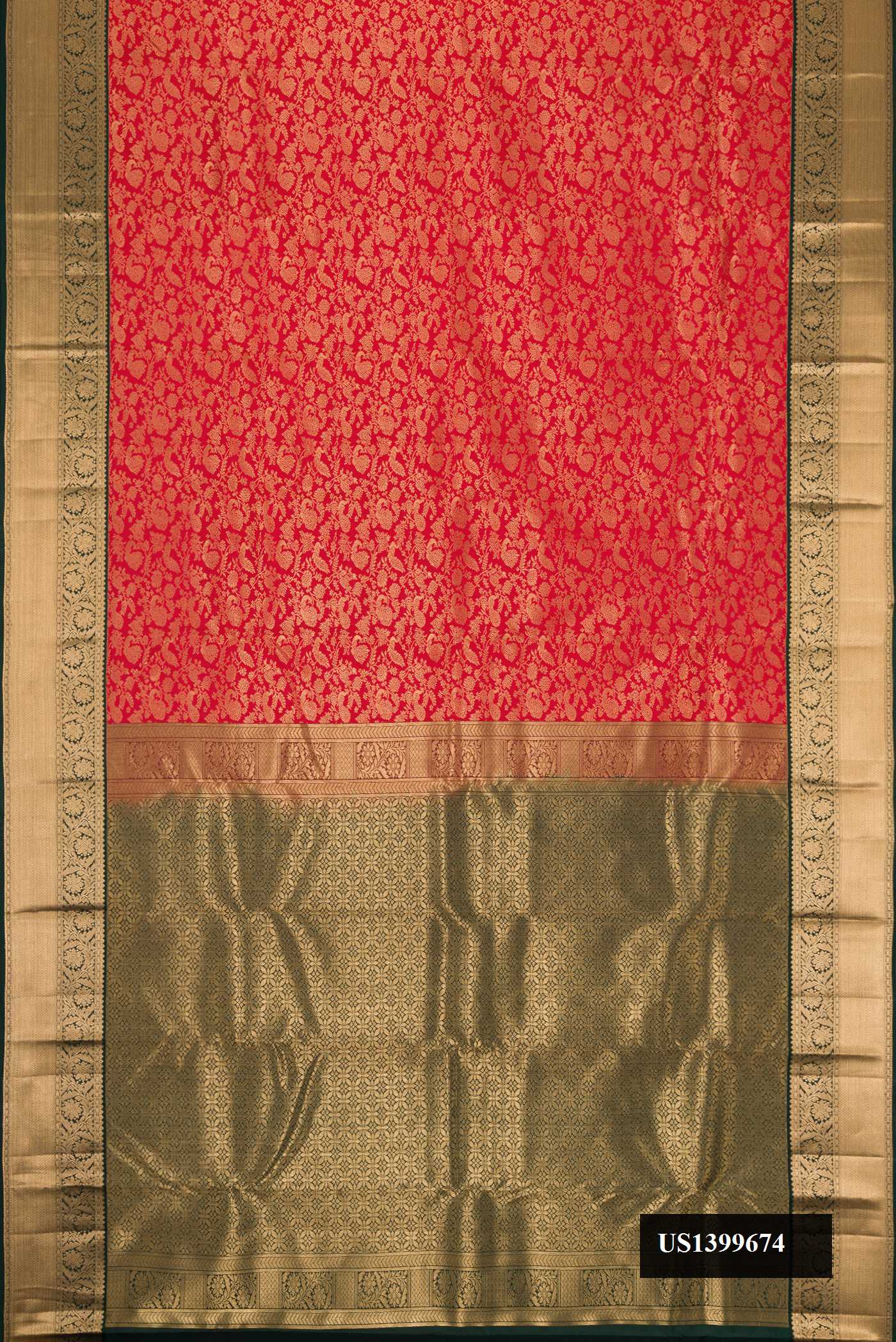 Red Dual Tone Kanchipuram Silk Saree with Zari Brocade on the body and Zari Border.  displayed on a mannequin