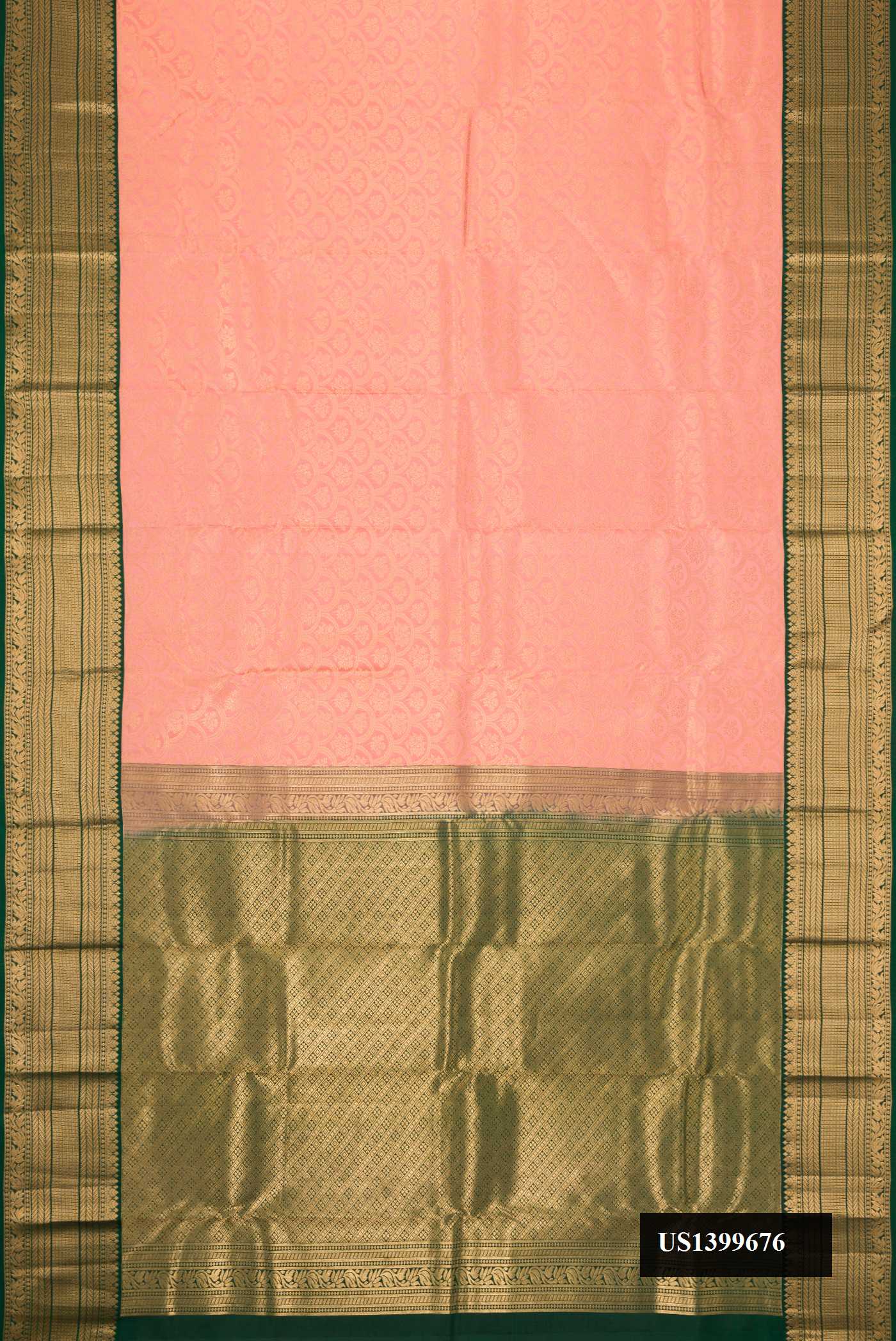 Golden Peach Dual Tone Kanchipuram Silk Saree with Zari Brocade on the body and Zari Border.  displayed on a mannequin