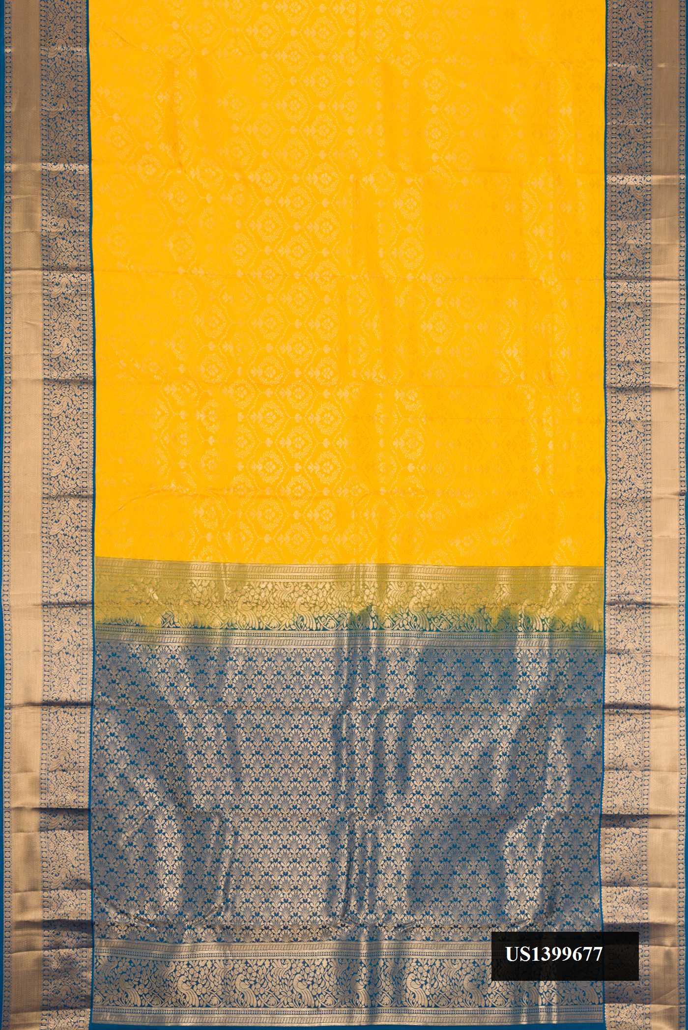 Yellow Dual Tone Kanchipuram Silk Saree with Zari Brocade on the body and Zari Border.  displayed on a mannequin