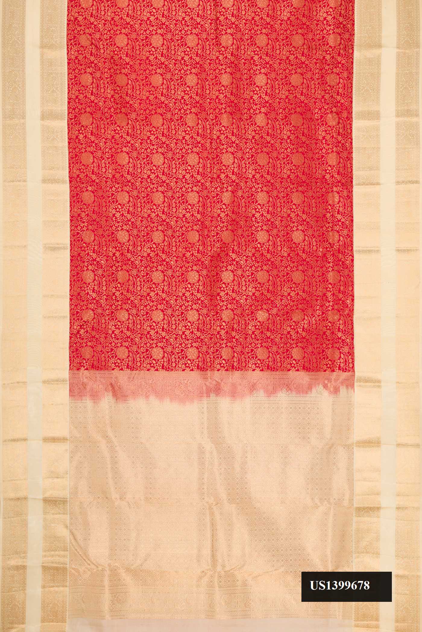 Red Dual Tone Kanchipuram Silk Saree with Zari Brocade on the body and Zari Border.  displayed on a mannequin