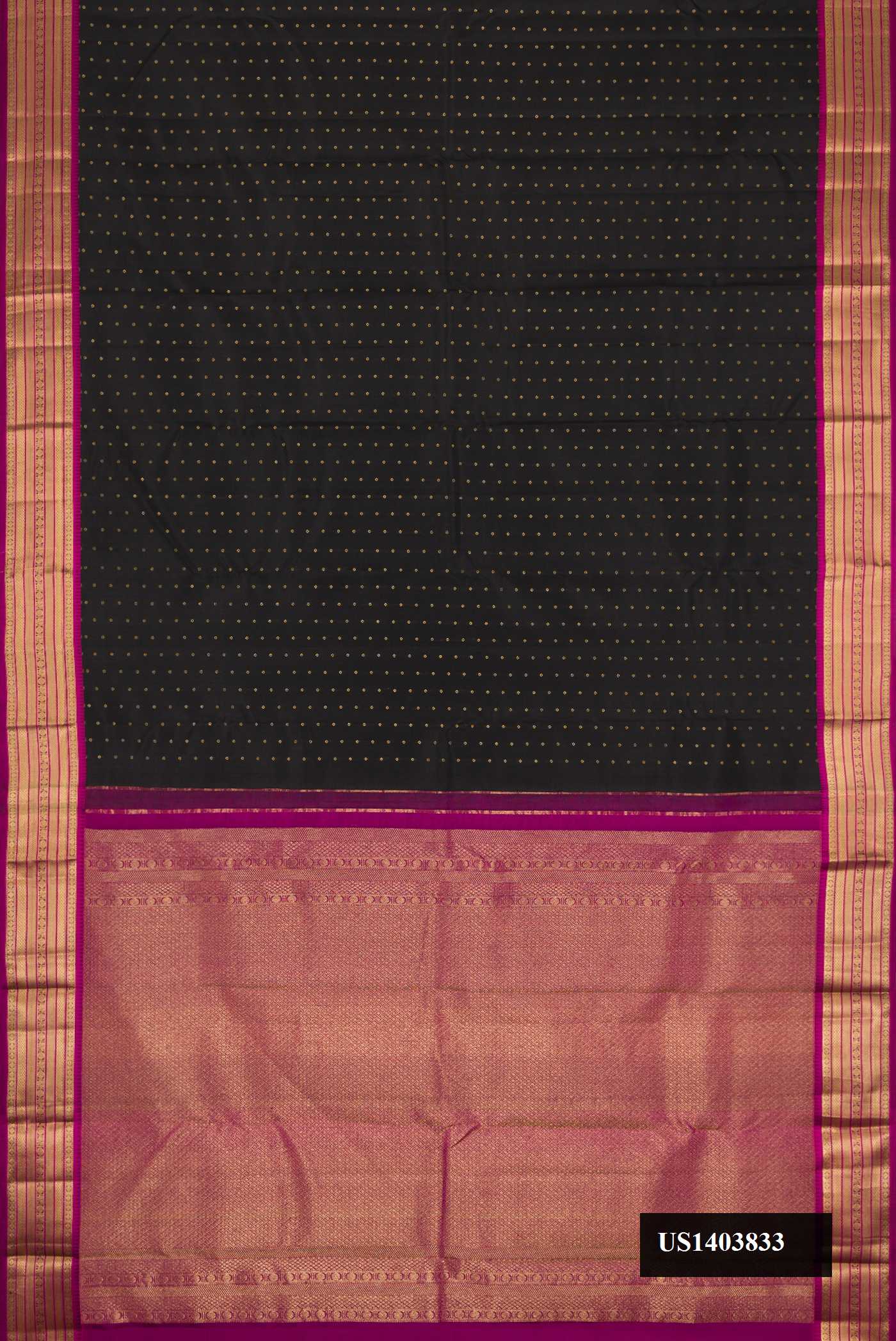 Black Dual Tone Kanchipuram Silk Saree with Zari Butta on the body and Zari Border.  displayed on a mannequin