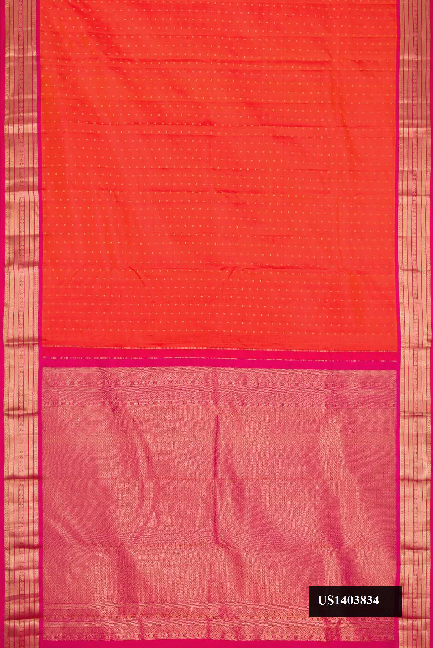 Orange Dual Tone Kanchipuram Silk Saree with Zari Butta on the body and Zari Border.  displayed on a mannequin