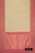 Beige Dual Tone Kanchipuram Silk Saree with Stripes on the body and Zari Border.  displayed on a mannequin