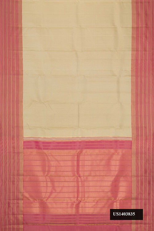 Beige Dual Tone Kanchipuram Silk Saree with Stripes on the body and Zari Border.  displayed on a mannequin