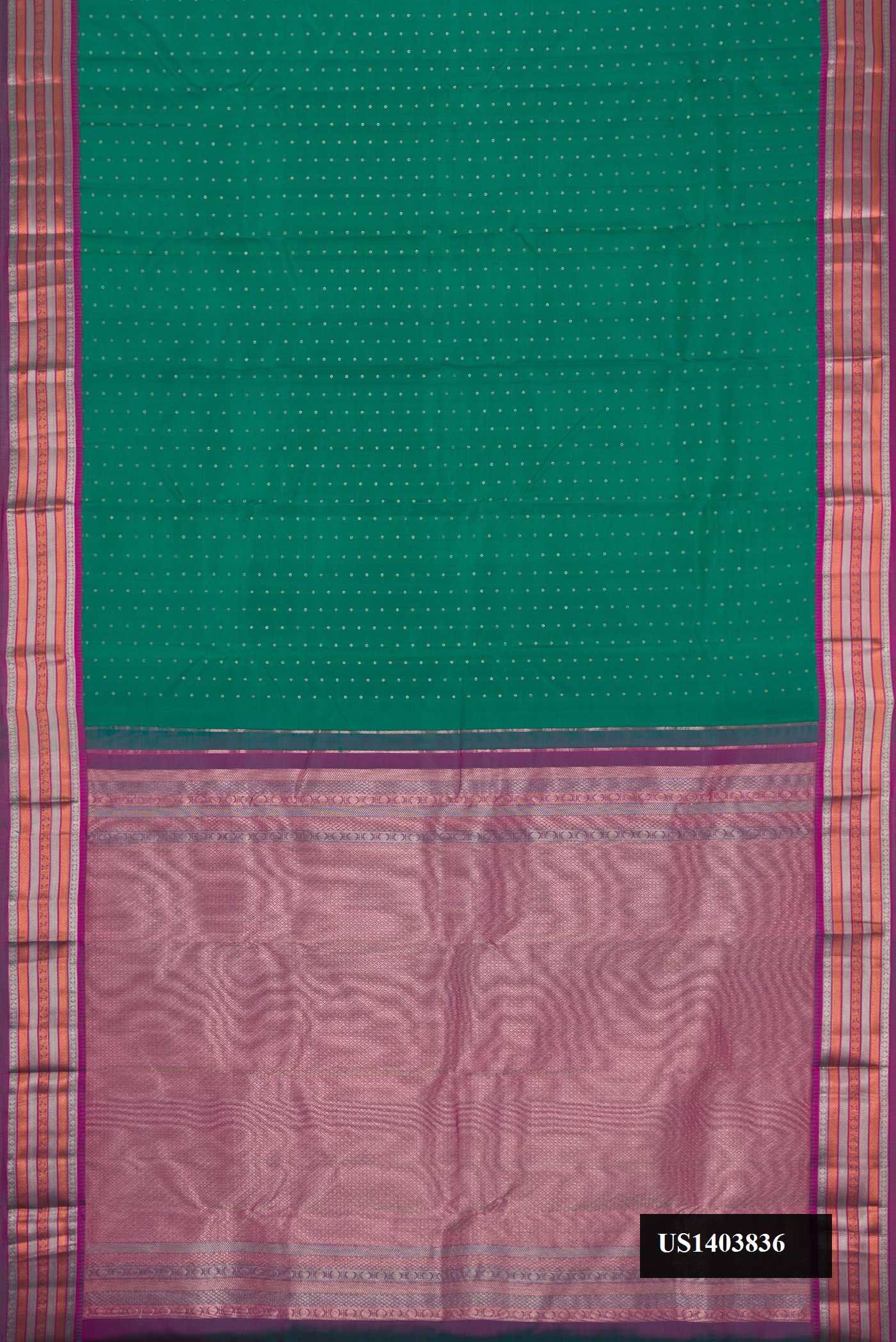 Green Dual Tone Kanchipuram Silk Saree with Zari Butta on the body and Zari Border.  displayed on a mannequin