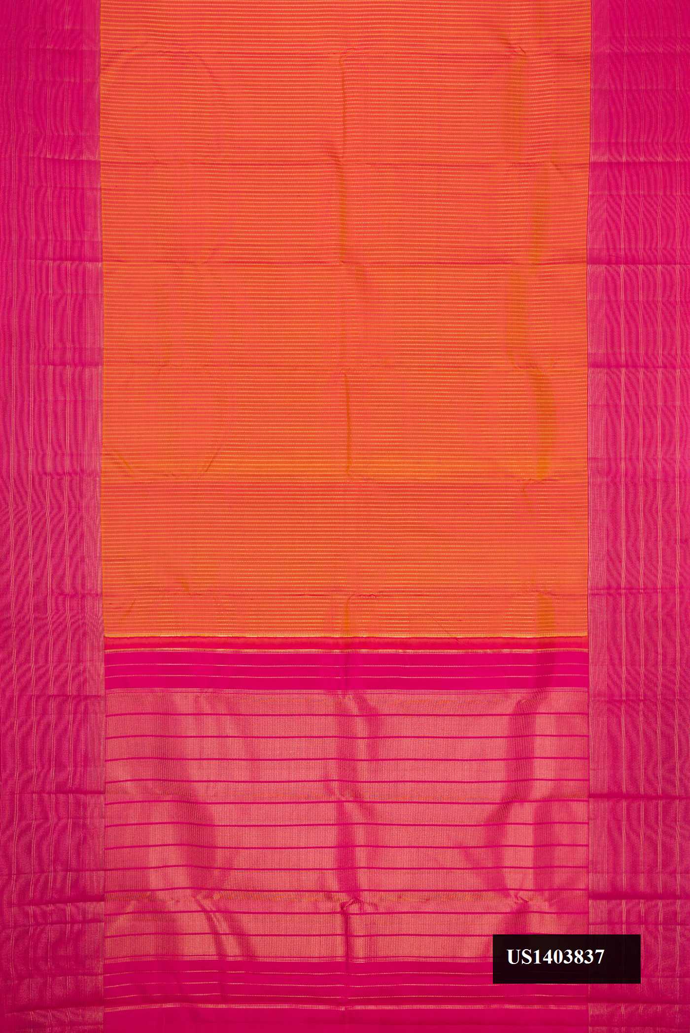 Mustard Dual Tone Kanchipuram Silk Saree with Stripes on the body and Zari Border.  displayed on a mannequin