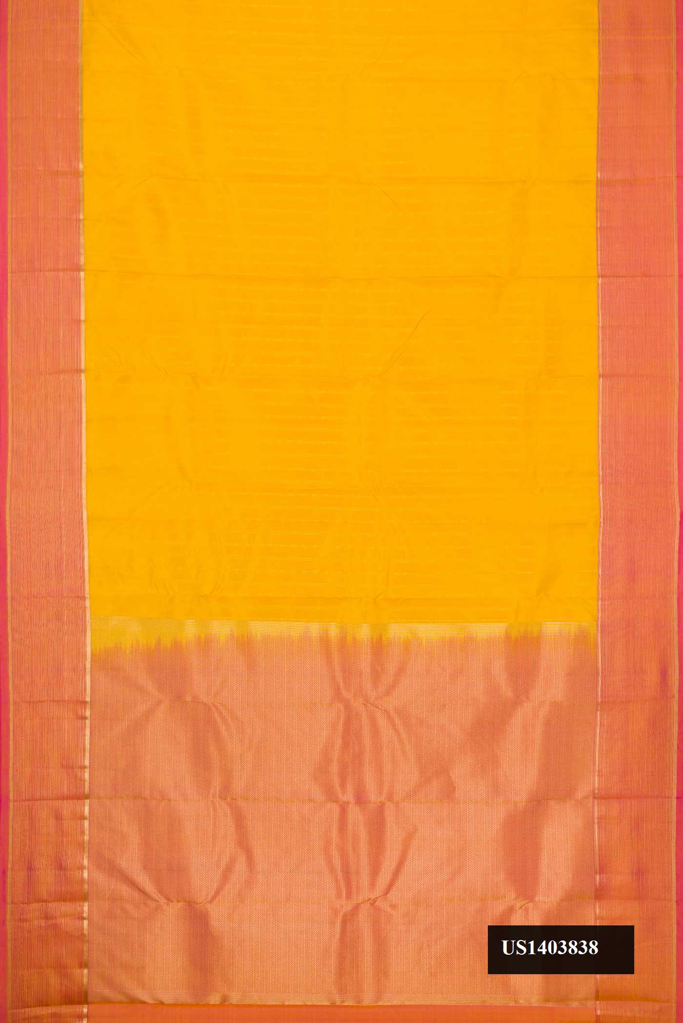 Mustard Dual Tone Kanchipuram Silk Saree with Stripes on the body and Zari Border.  displayed on a mannequin
