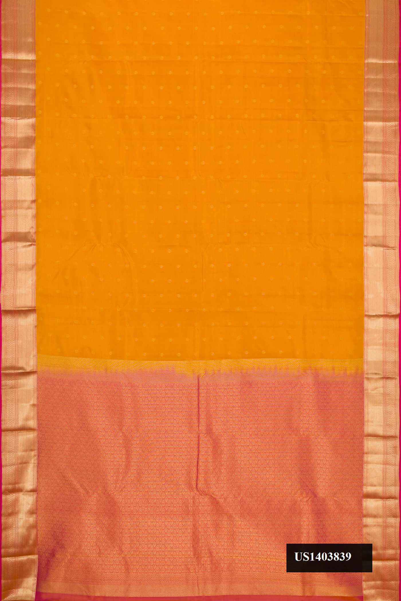Mustard Dual Tone Kanchipuram Silk Saree with Zari Butta on the body and Zari Border.  displayed on a mannequin
