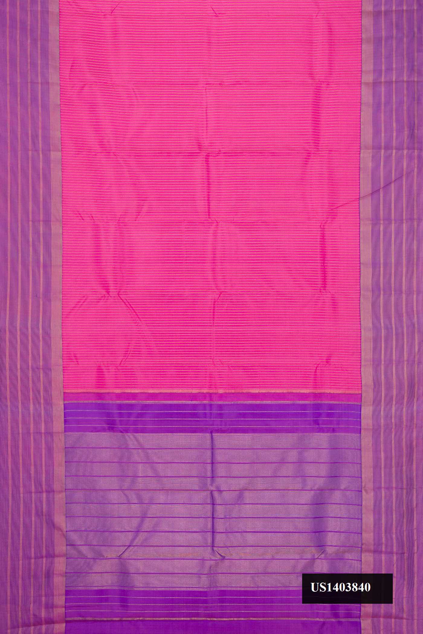 Pink Dual Tone Kanchipuram Silk Saree with Stripes on the body and Zari Border.  displayed on a mannequin