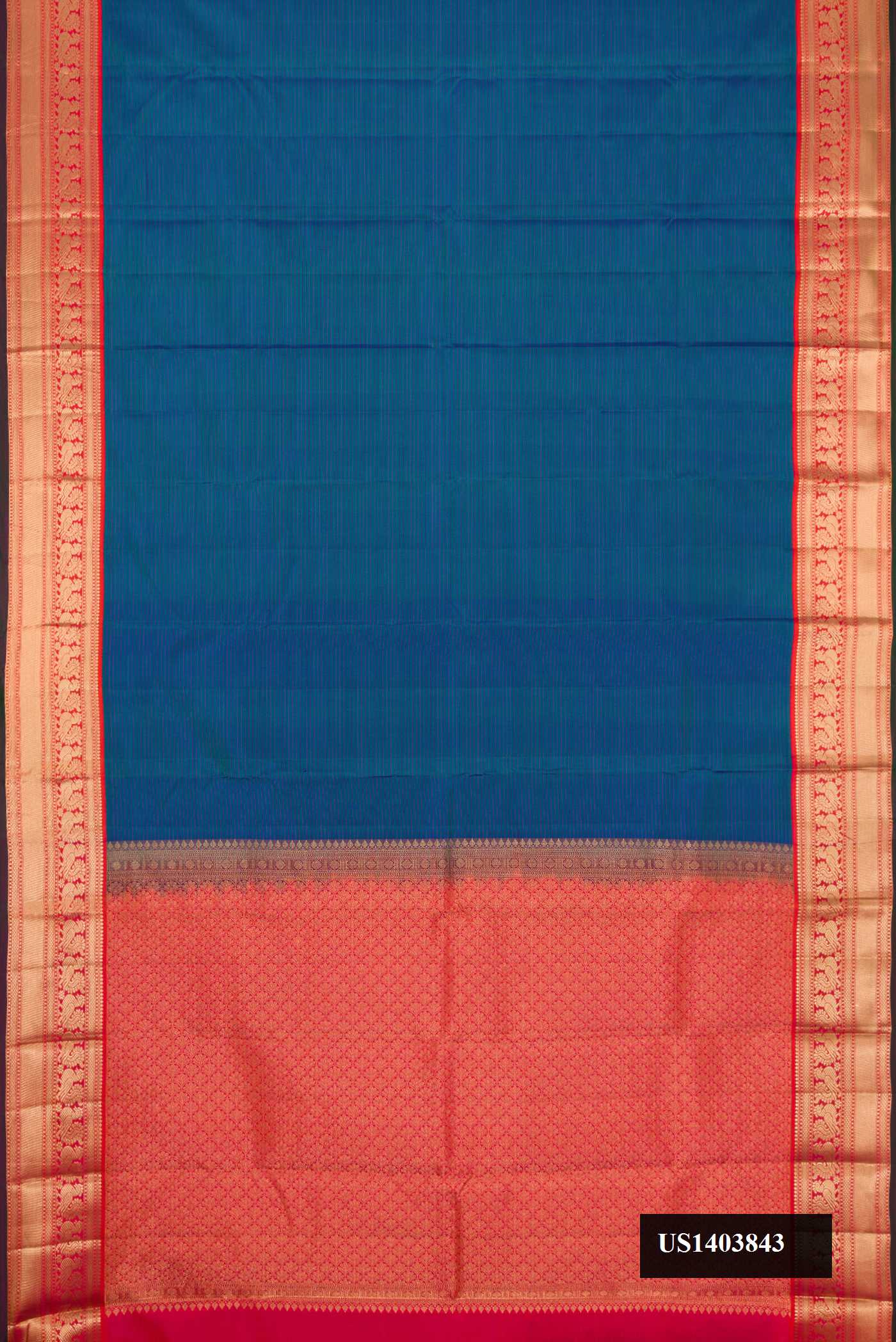 Peacock Blue Dual Tone Kanchipuram Silk Saree with Stripes on the body and Zari Border.  displayed on a mannequin