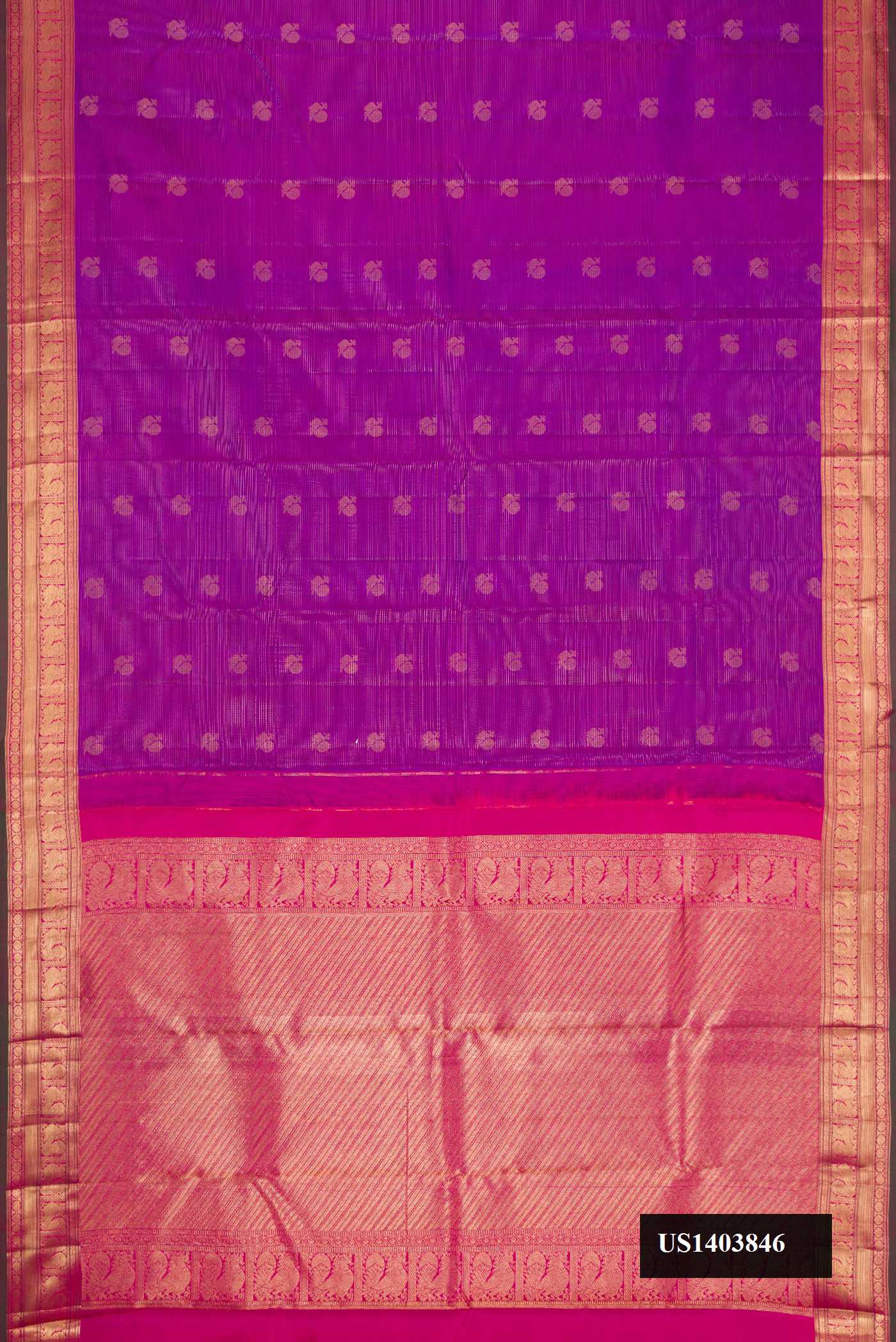 Purple Dual Tone Kanchipuram Silk Saree with Stripes on the body and Zari Border.  displayed on a mannequin
