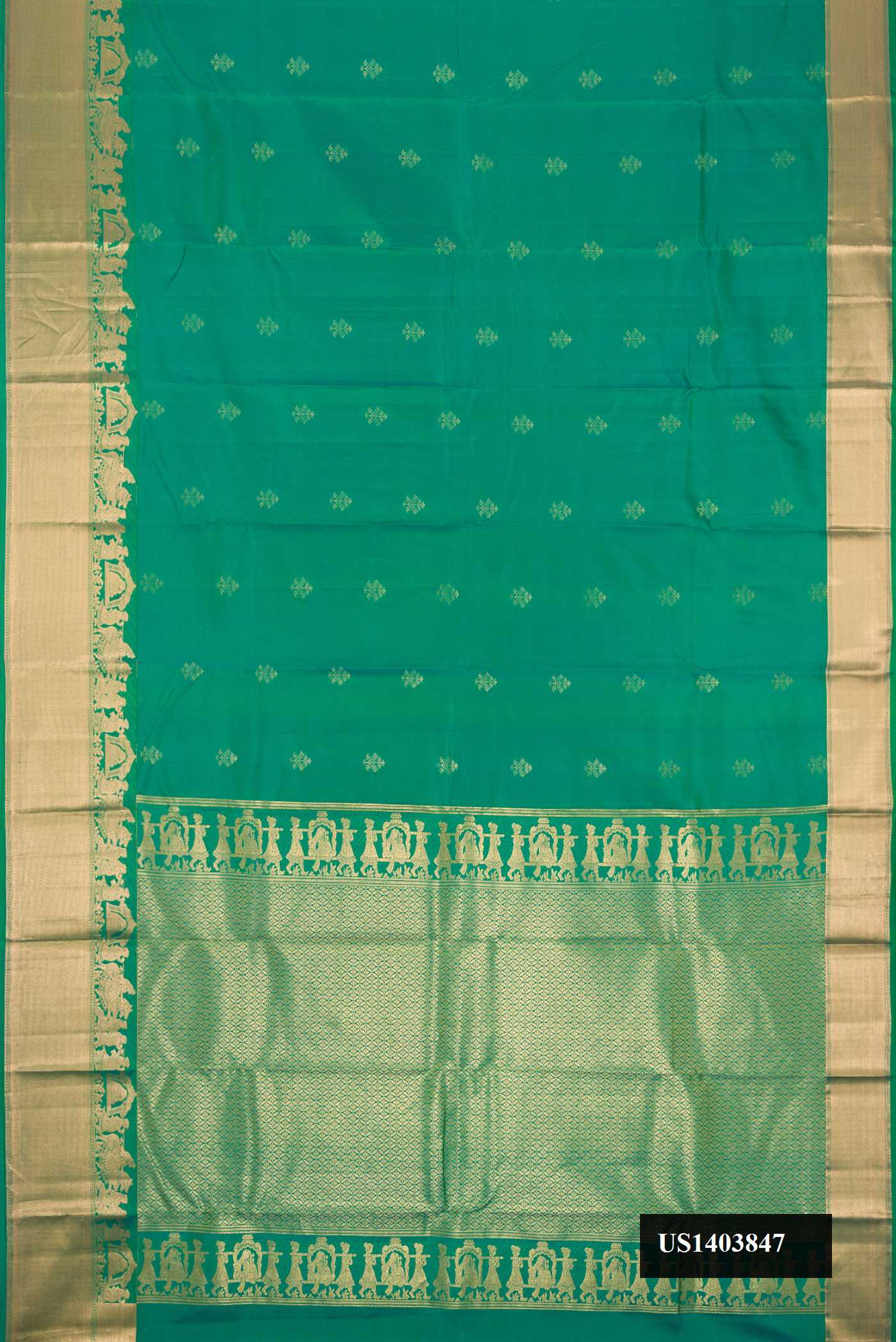 Sage Green Dual Tone Kanchipuram Silk Saree with Zari Butta on the body and Zari Border.  displayed on a mannequin