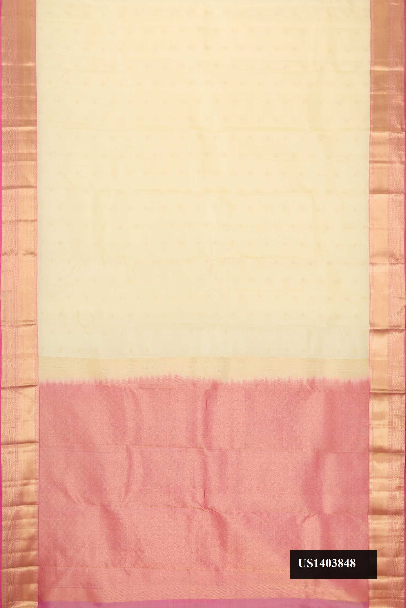 Sandal Dual Tone Kanchipuram Silk Saree with Zari Butta on the body and Zari Border.  displayed on a mannequin