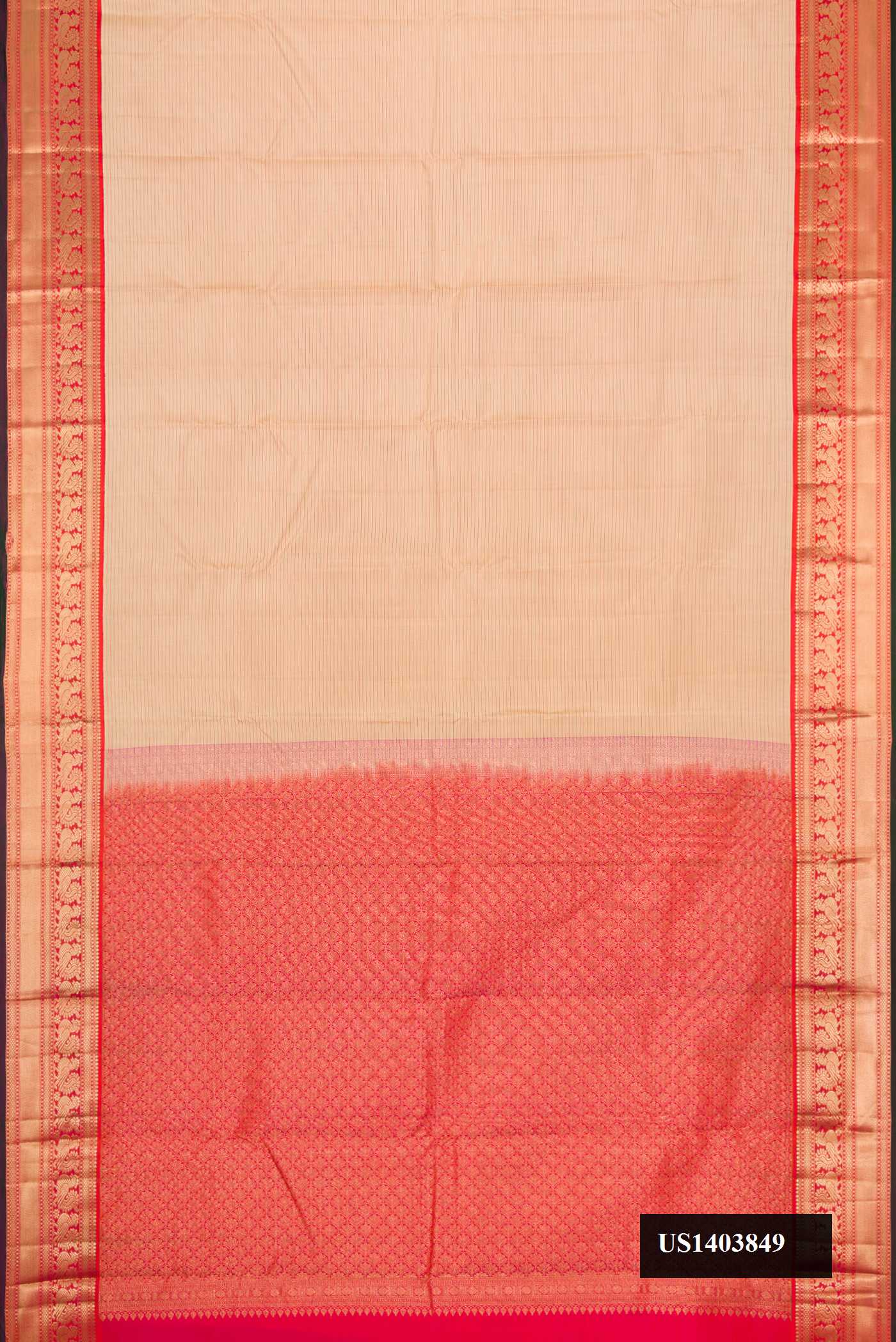 Beige Dual Tone Kanchipuram Silk Saree with Stripes on the body and Zari Border.  displayed on a mannequin