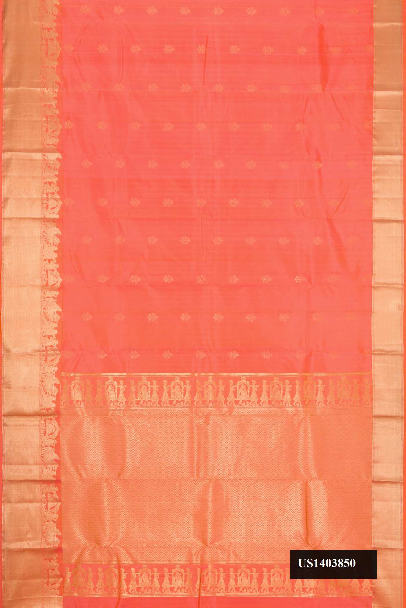 Golden Peach Dual Tone Kanchipuram Silk Saree with Zari Butta on the body and Zari Border.  displayed on a mannequin