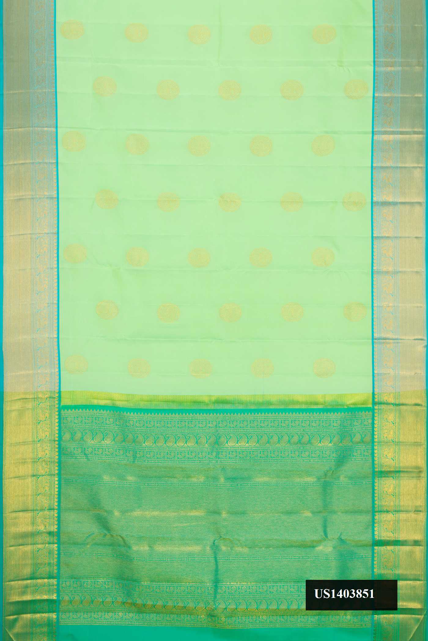 Pista Green Dual Tone Kanchipuram Silk Saree with Zari Butta on the body and Zari Border.  displayed on a mannequin