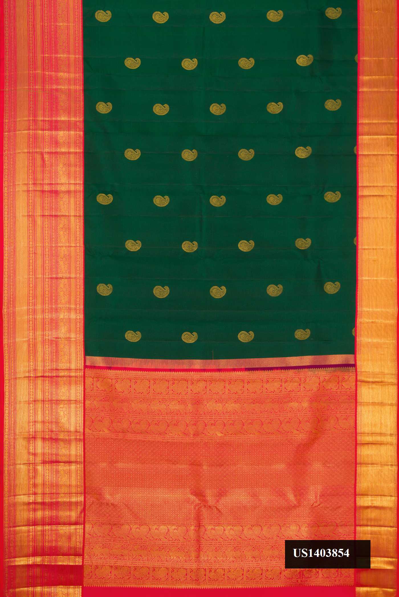 Bottle Green Dual Tone Kanchipuram Silk Saree with Zari Butta on the body and Zari Border.  displayed on a mannequin