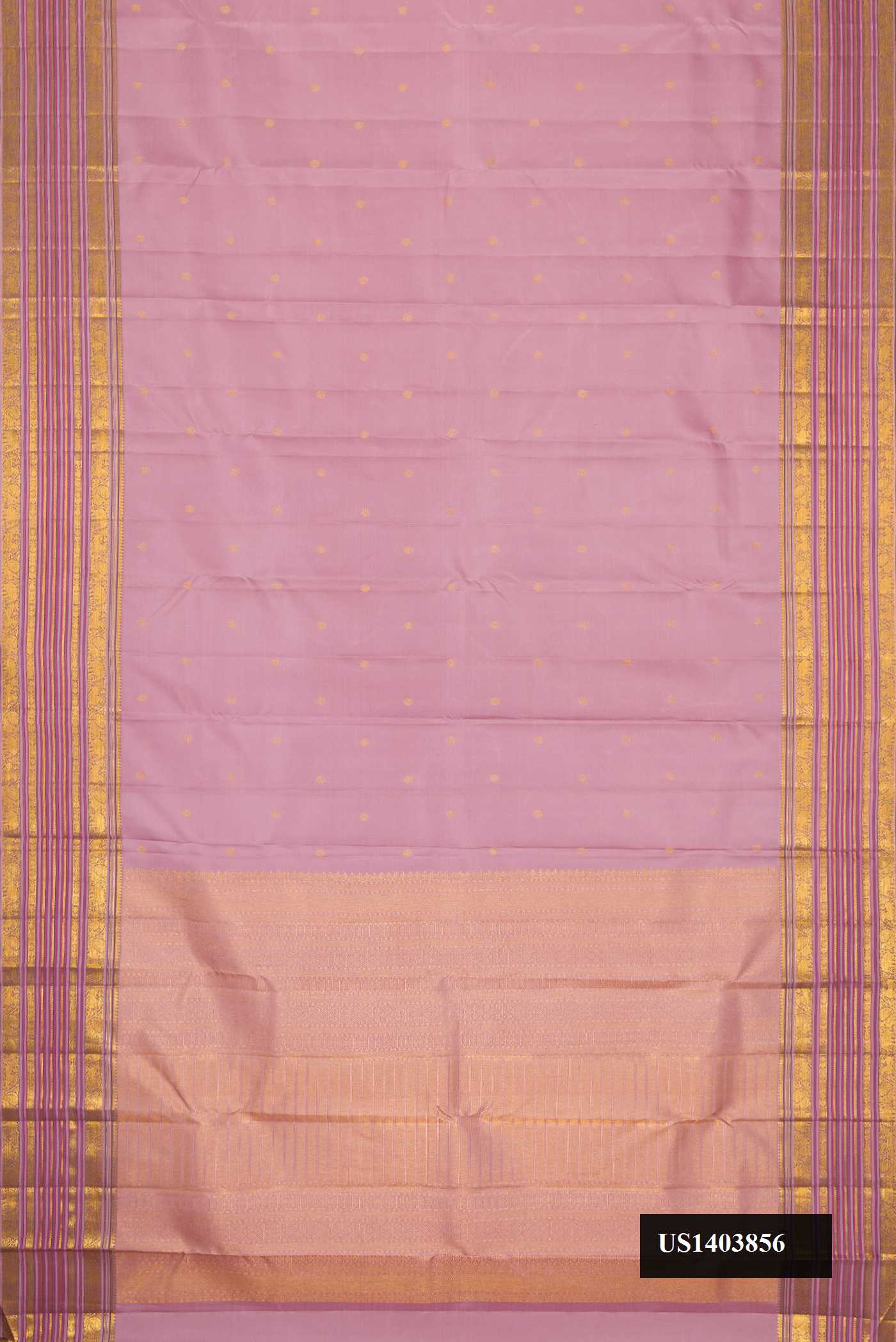 Lavender Dual Tone Kanchipuram Silk Saree with Zari Butta on the body and Zari Border.  displayed on a mannequin