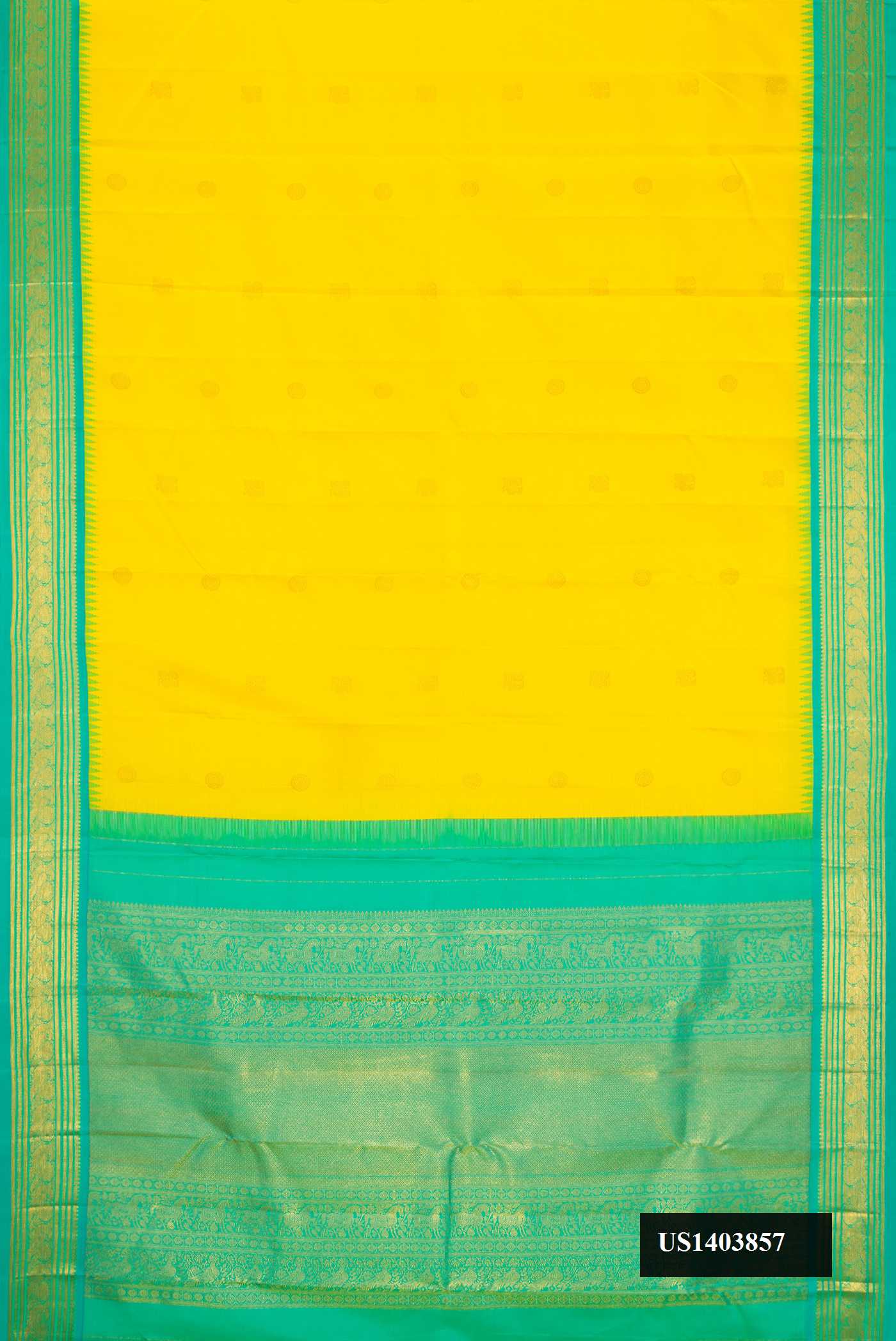 Yellow Dual Tone Kanchipuram Silk Saree with Zari Butta on the body and Zari Border.  displayed on a mannequin
