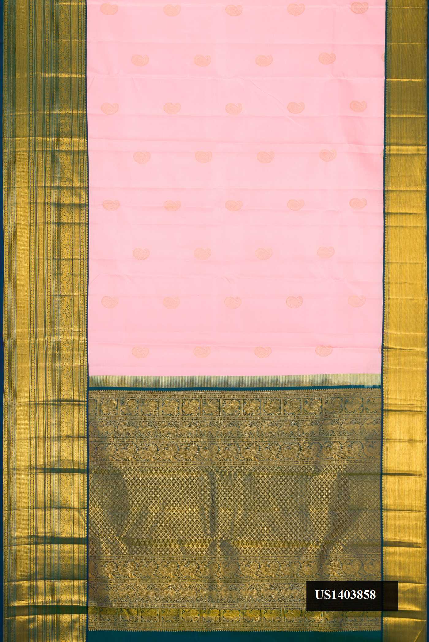 Rose Gold Dual Tone Kanchipuram Silk Saree with Zari Butta on the body and Zari Border.  displayed on a mannequin