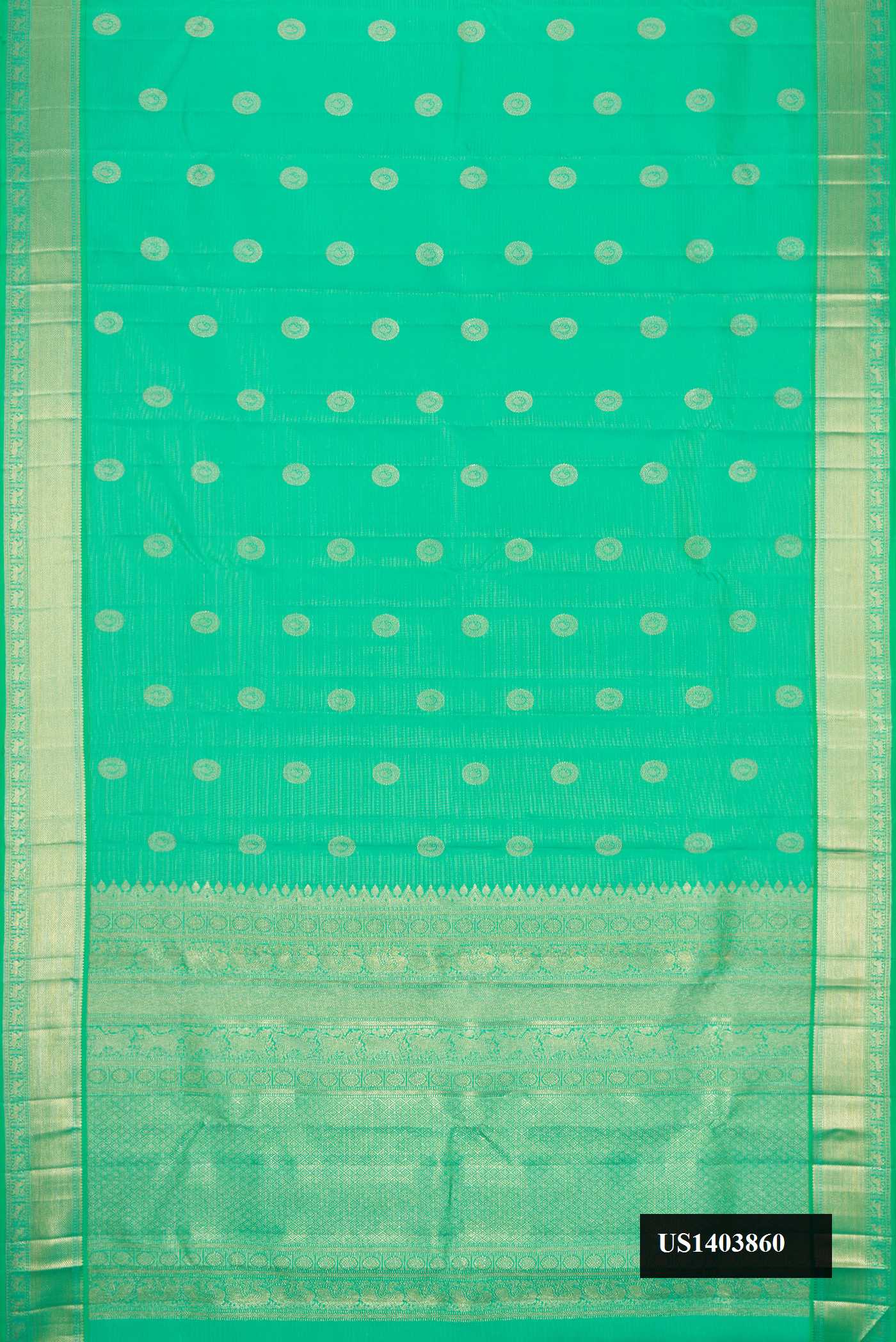 Sea Green Dual Tone Kanchipuram Silk Saree with Stripes on the body and Zari Border.  displayed on a mannequin