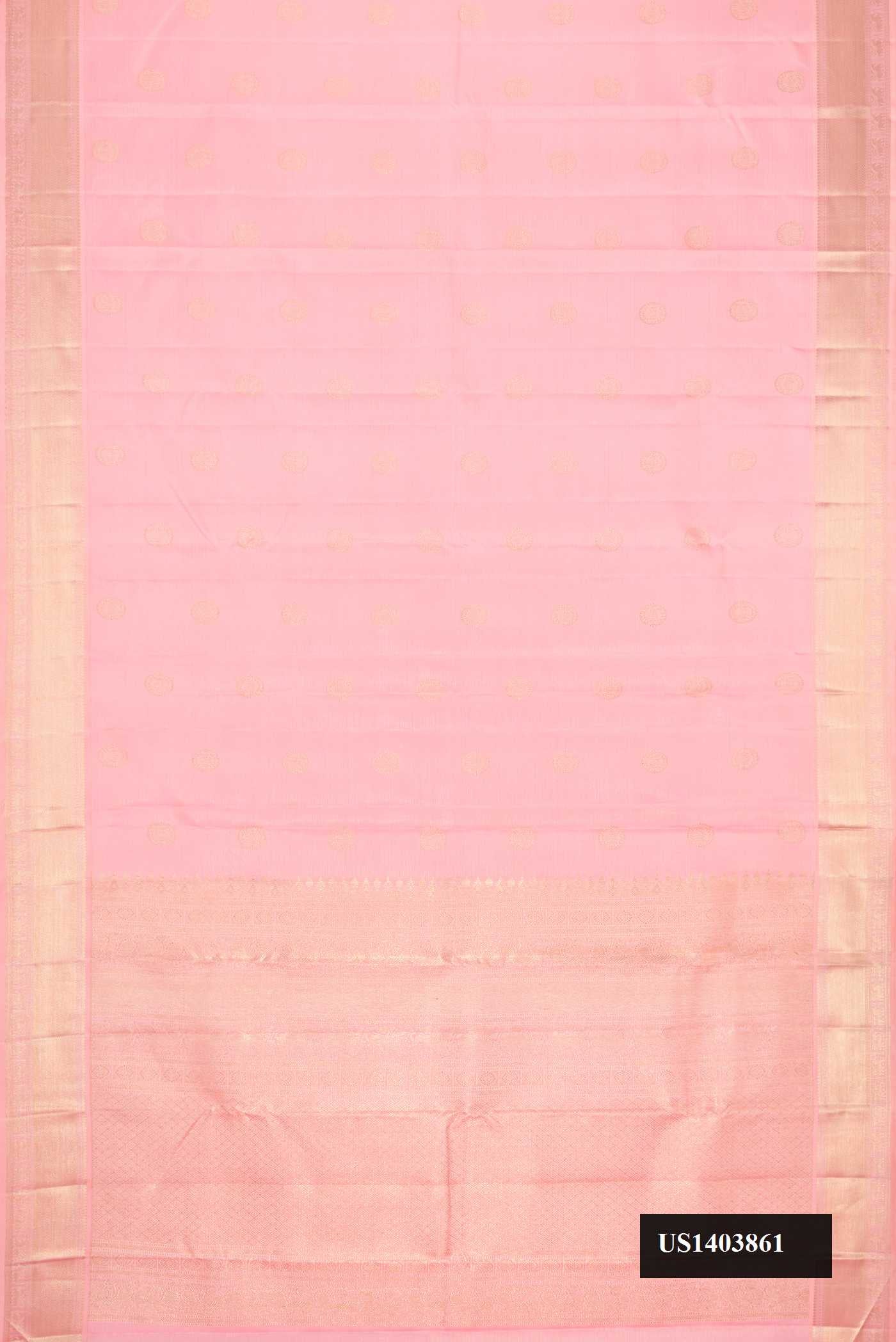 Pink Dual Tone Kanchipuram Silk Saree with Stripes on the body and Zari Border.  displayed on a mannequin