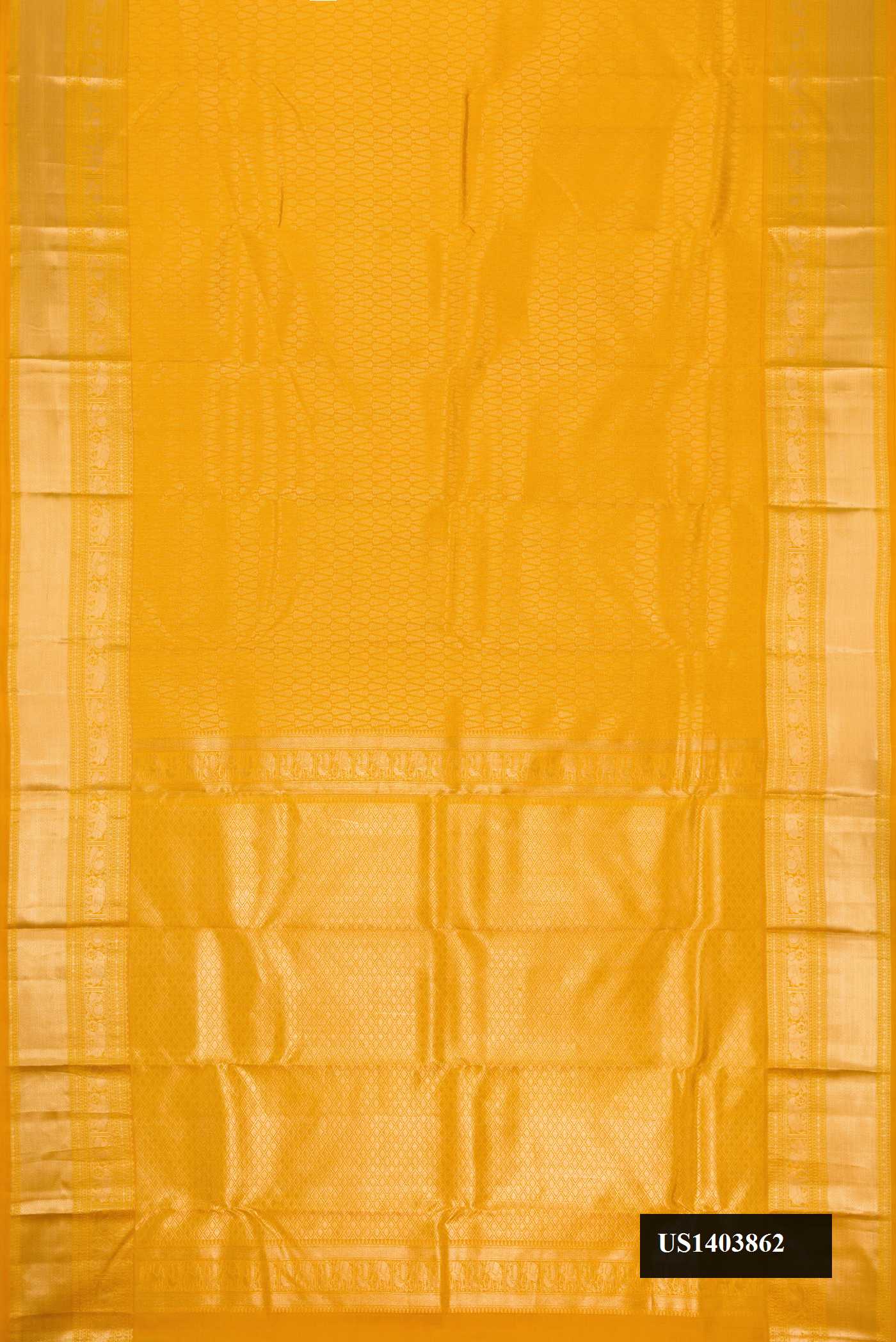 Mustard Dual Tone Kanchipuram Silk Saree with Zari Brocade on the body and Zari Border.  displayed on a mannequin