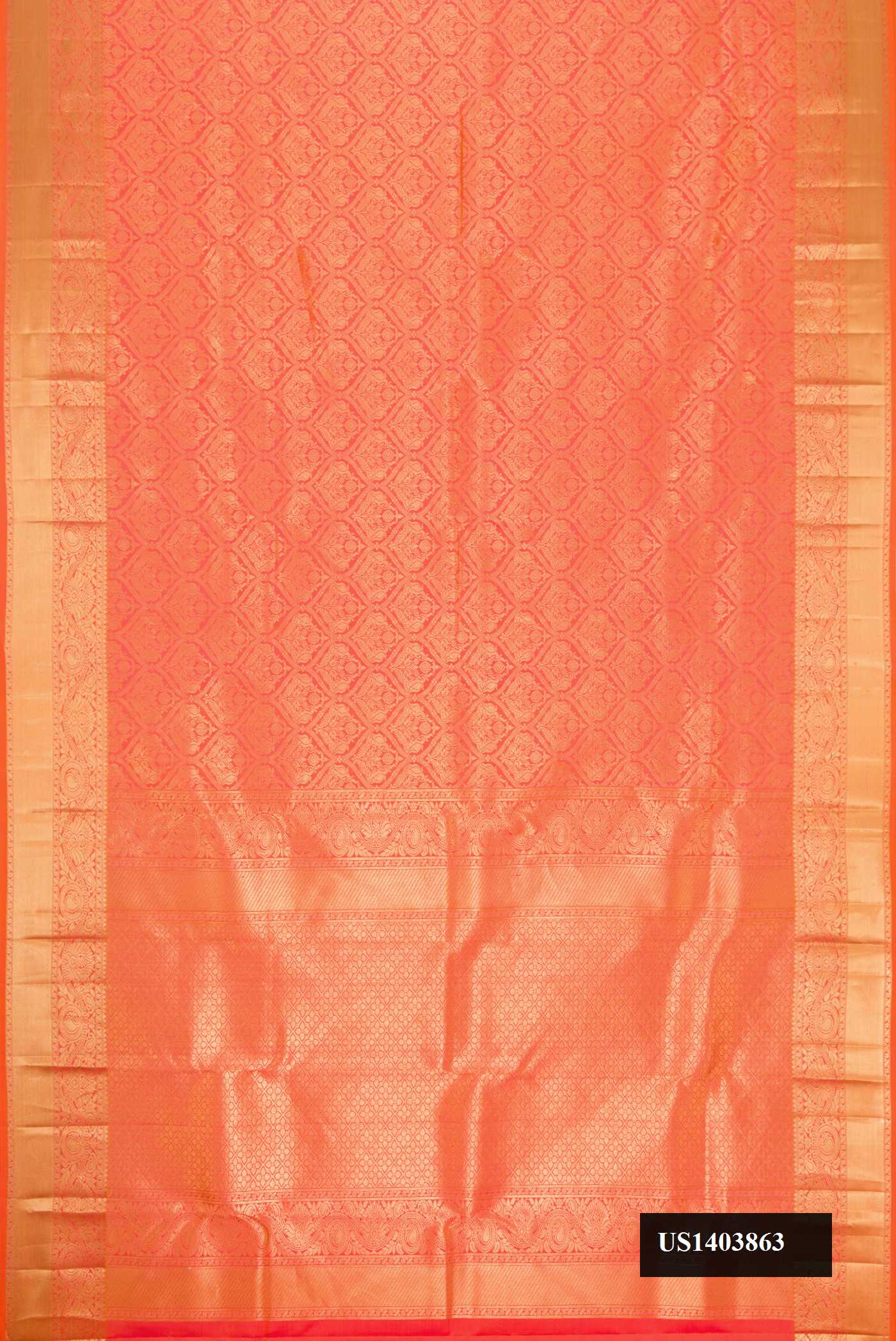Orange Dual Tone Kanchipuram Silk Saree with Zari Brocade on the body and Zari Border.  displayed on a mannequin