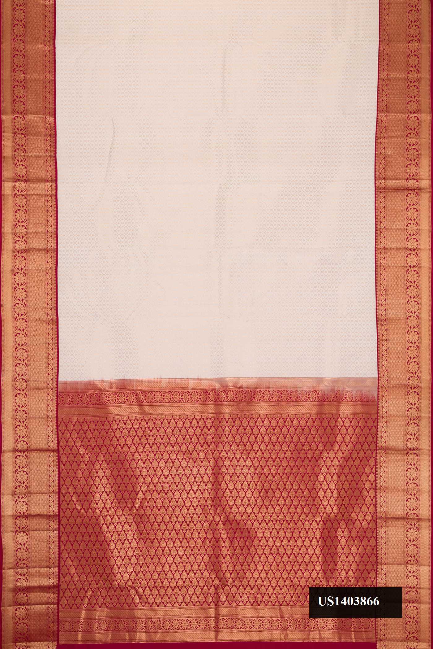 Off White Dual Tone Kanchipuram Silk Saree with Zari Brocade on the body and Zari Border.  displayed on a mannequin
